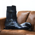 Handmade Customized Alligator Textured, Genuine Cow-Hide Leather, Long Buckle Strap Boots For Men, Cowboy Monk Strap, Boots For Mens