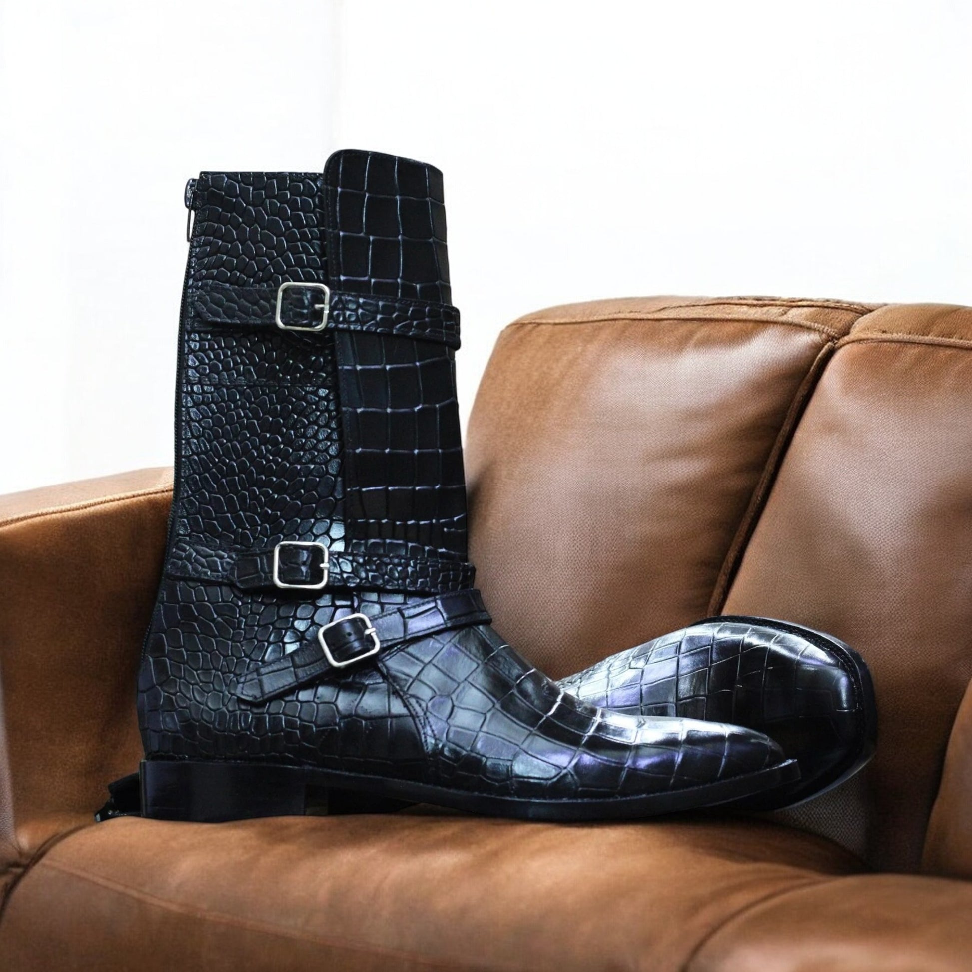 Handmade Customized Alligator Textured, Genuine Cow-Hide Leather, Long Buckle Strap Boots For Men, Cowboy Monk Strap, Boots For Mens