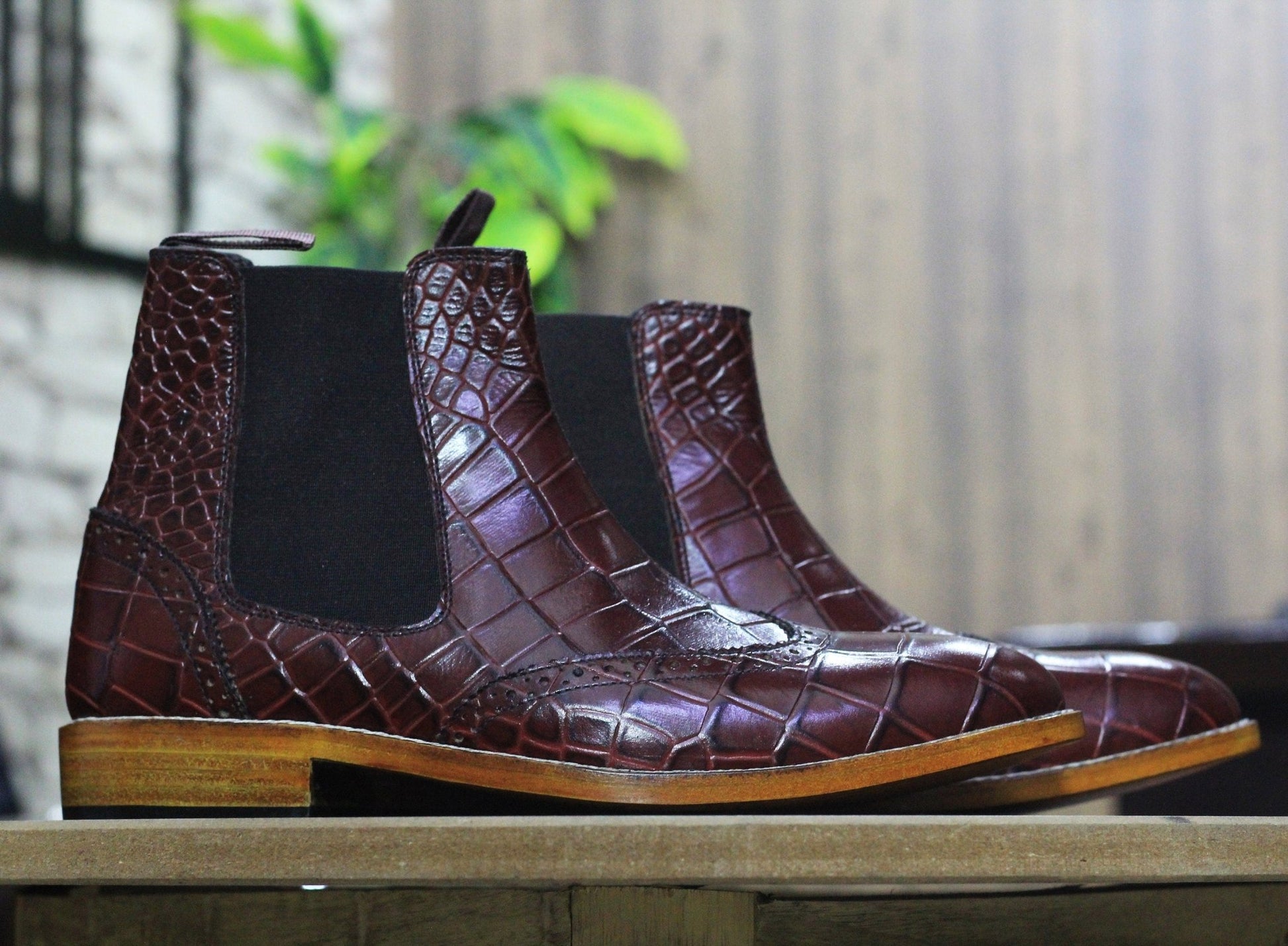 Handmade Customized Genuine Cow - Hide Alligator Textured Leather Wing Tip Long Boots For Men, Chelsea Exotic Boots For Mens - Posh Footwear