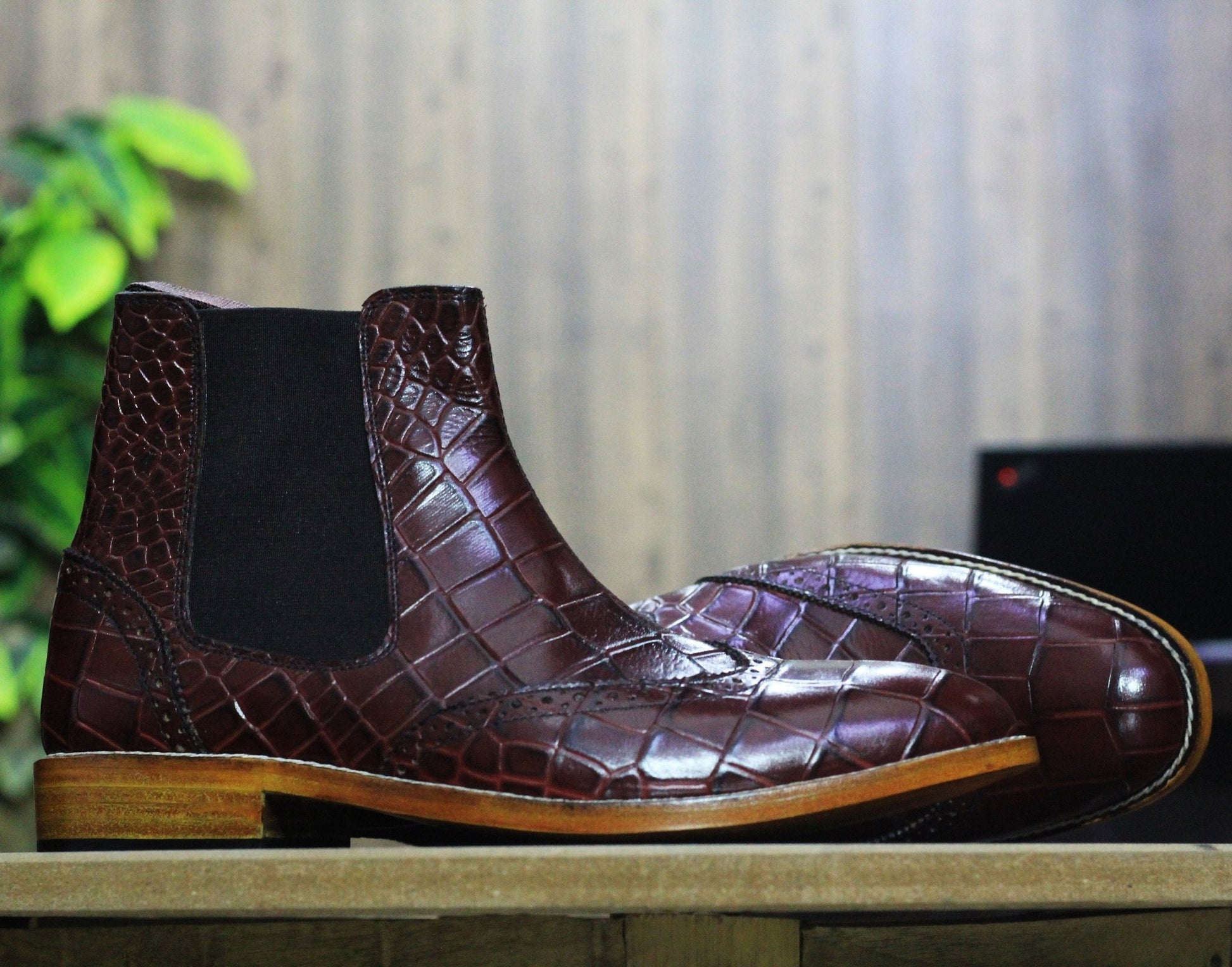 Handmade Customized Genuine Cow - Hide Alligator Textured Leather Wing Tip Long Boots For Men, Chelsea Exotic Boots For Mens - Posh Footwear