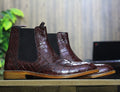 Handmade Customized Genuine Cow - Hide Alligator Textured Leather Wing Tip Long Boots For Men, Chelsea Exotic Boots For Mens - Posh Footwear