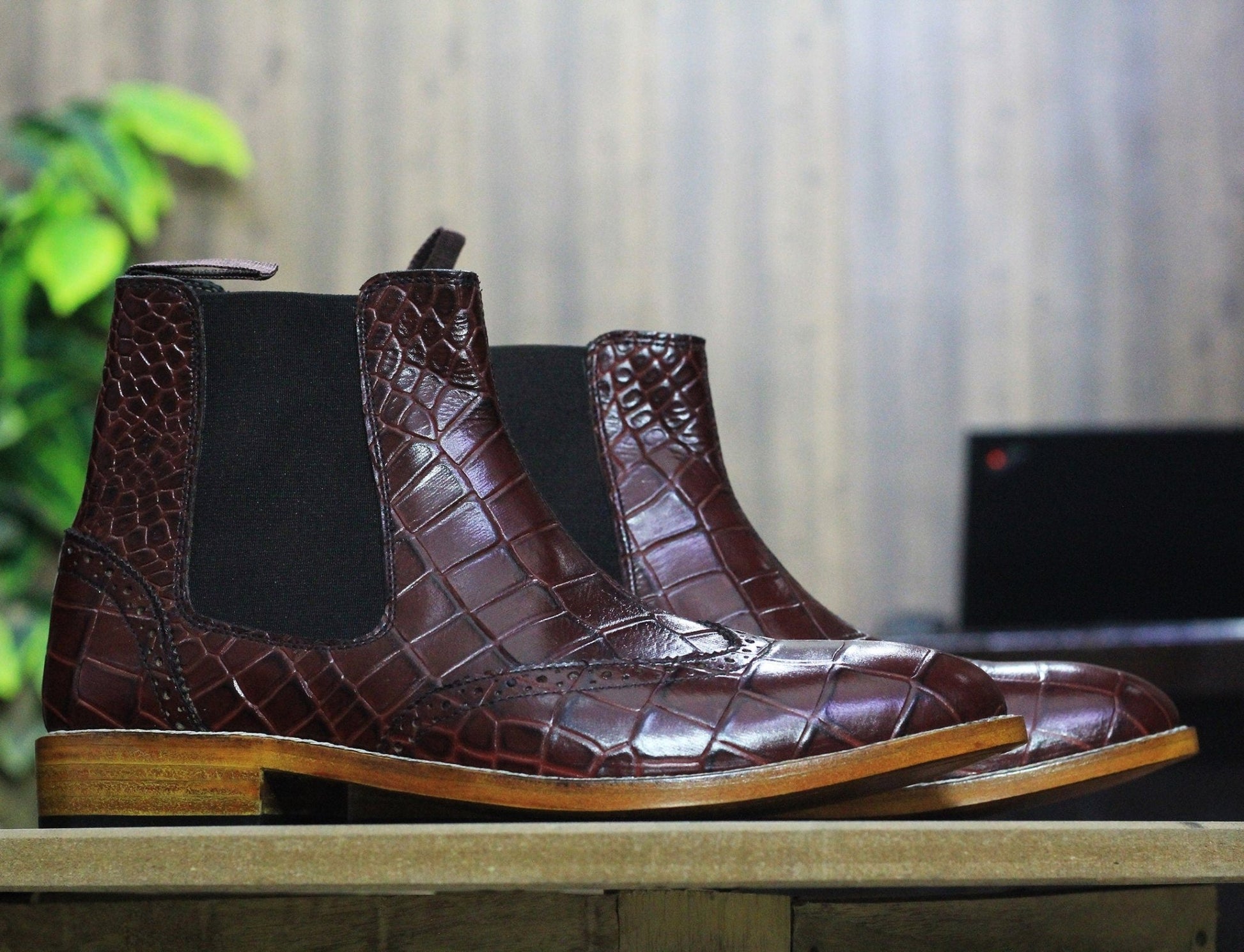 Handmade Customized Genuine Cow - Hide Alligator Textured Leather Wing Tip Long Boots For Men, Chelsea Exotic Boots For Mens - Posh Footwear