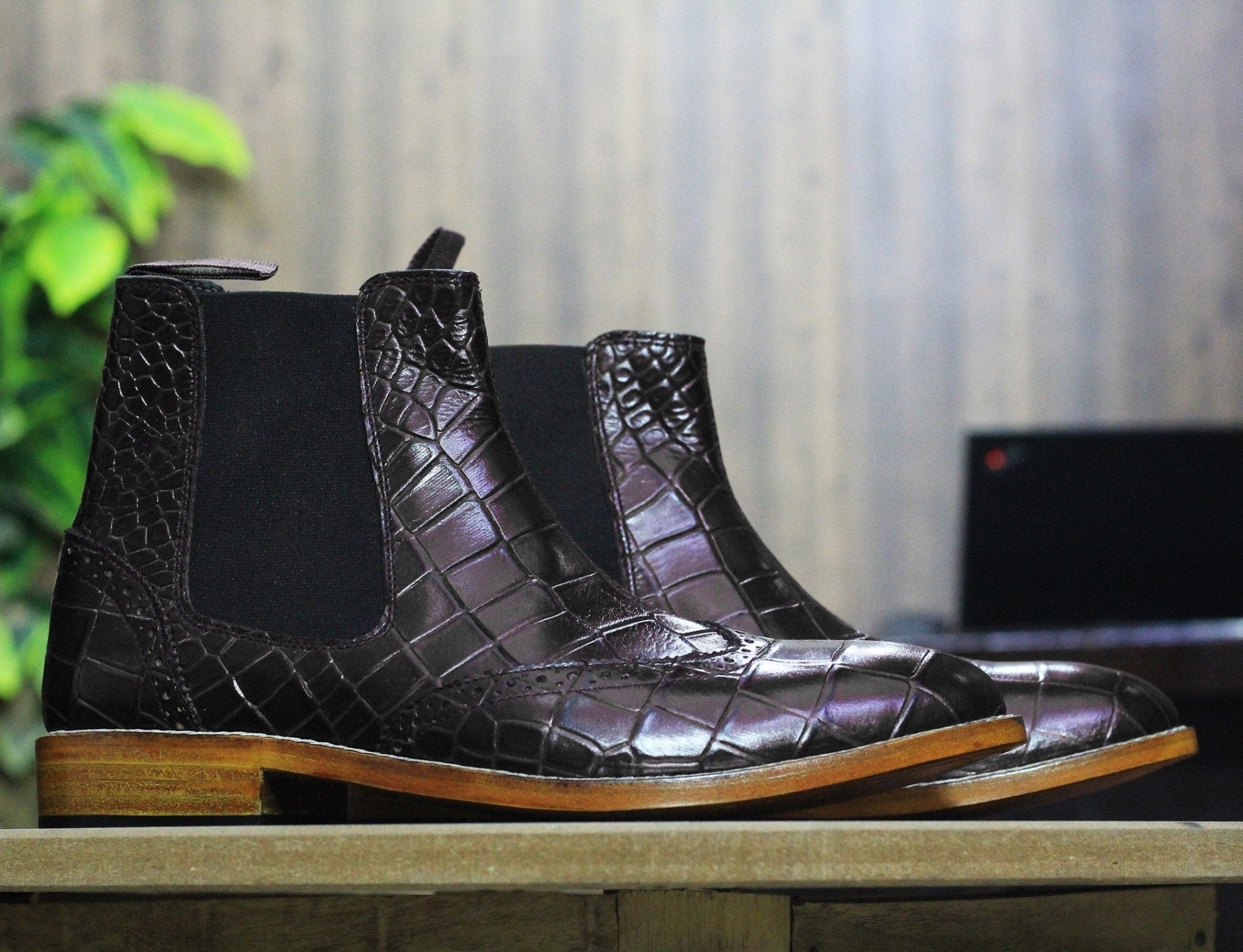 Handmade Customized Genuine Cow - Hide Alligator Textured Leather Wing Tip Long Boots For Men, Chelsea Exotic Boots For Mens - Posh Footwear