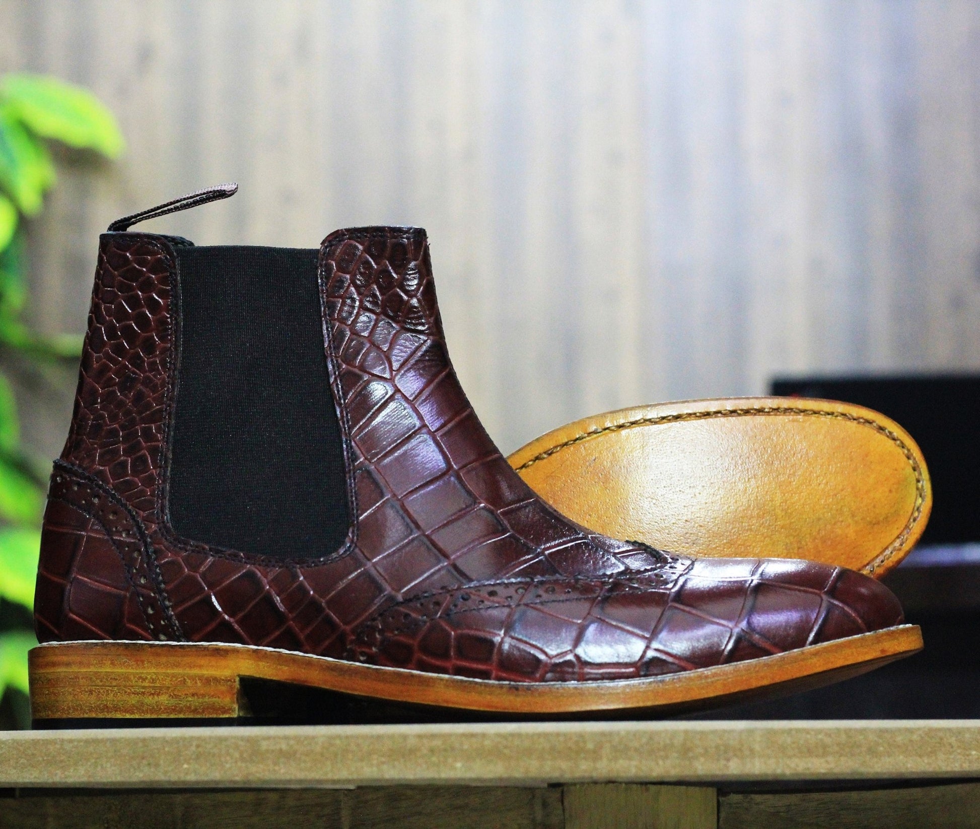 Handmade Customized Genuine Cow - Hide Alligator Textured Leather Wing Tip Long Boots For Men, Chelsea Exotic Boots For Mens - Posh Footwear