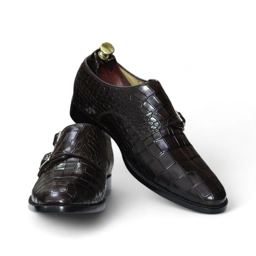 Handmade Dabble Monk Alligator Textured Shoes – Elegant Leather Black Shoes for Men - Posh Footwear