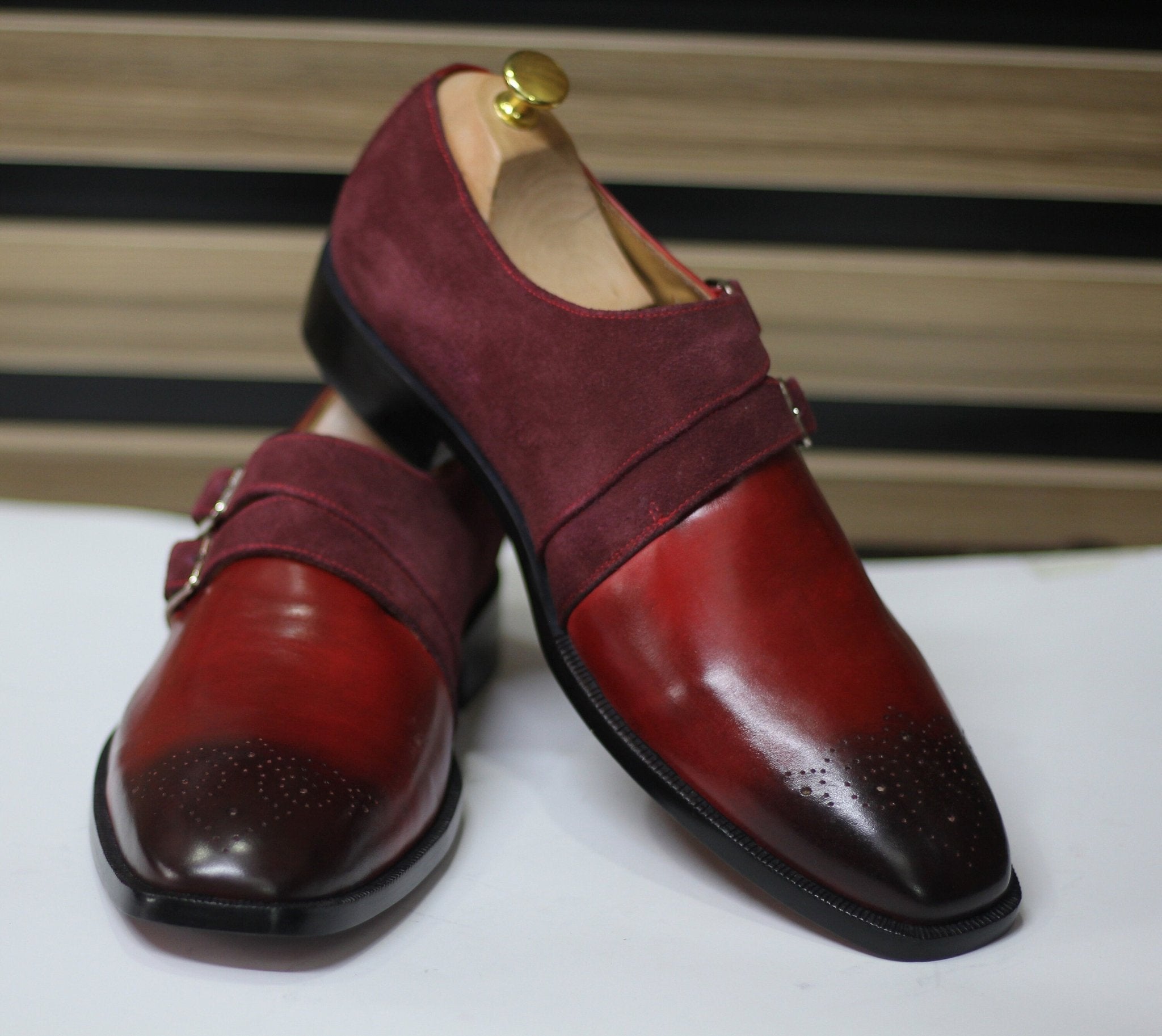Handmade Double Monk Brogue Toe Shoes, Leather Burgundy/Red Shoes For Men's - Posh Footwear
