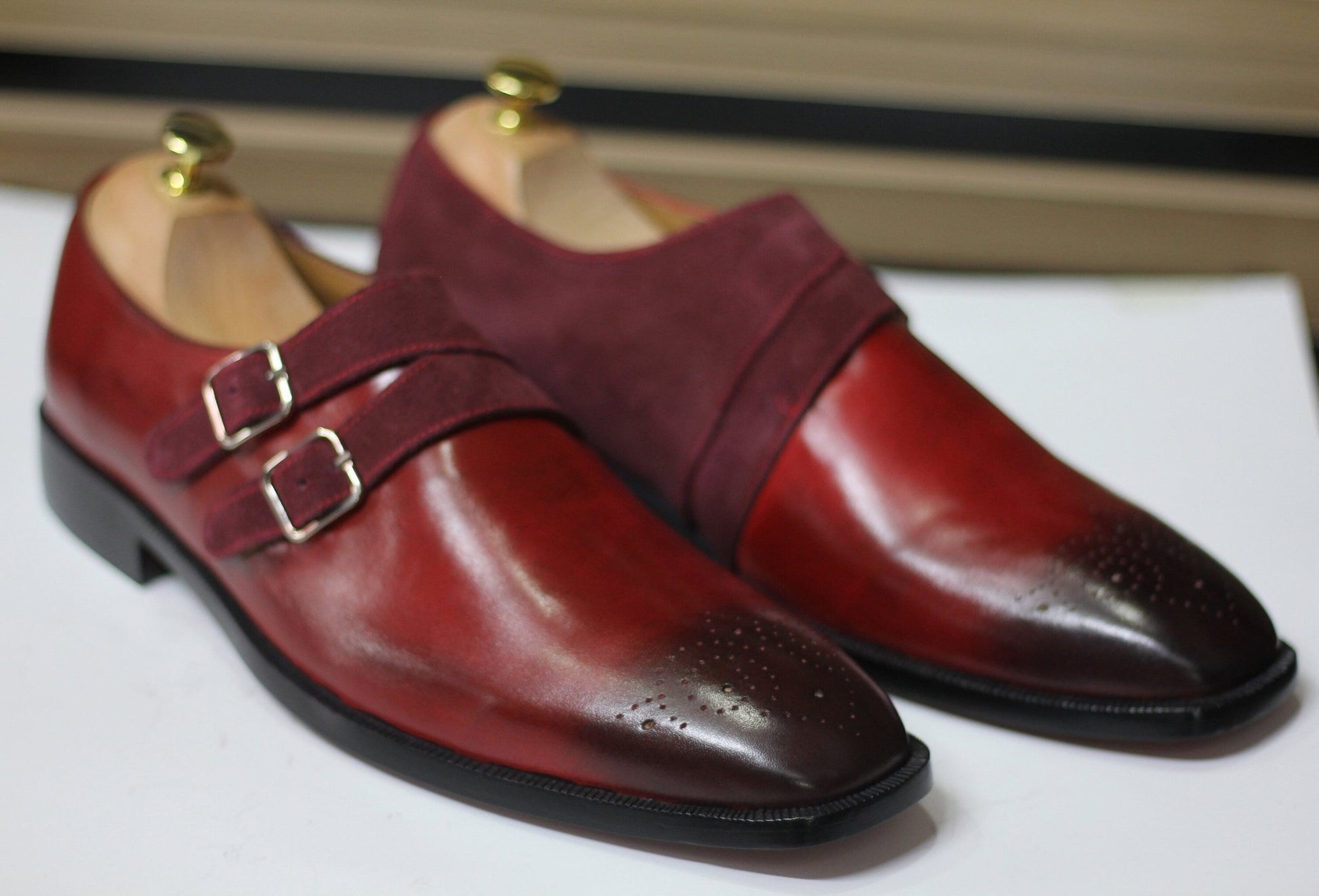Handmade Double Monk Brogue Toe Shoes, Leather Burgundy/Red Shoes For Men's - Posh Footwear