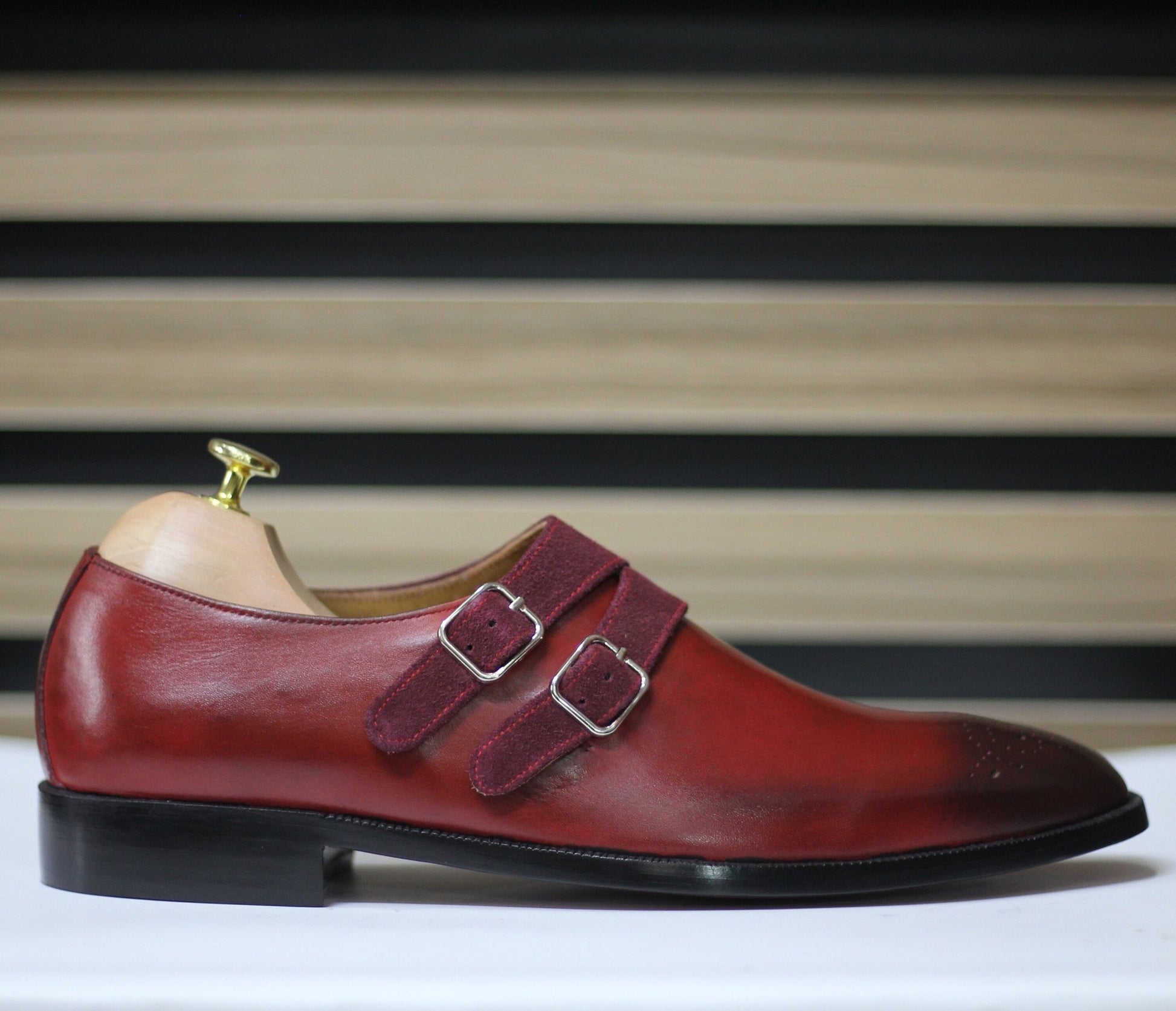 Handmade Double Monk Brogue Toe Shoes, Leather Burgundy/Red Shoes For Men's - Posh Footwear
