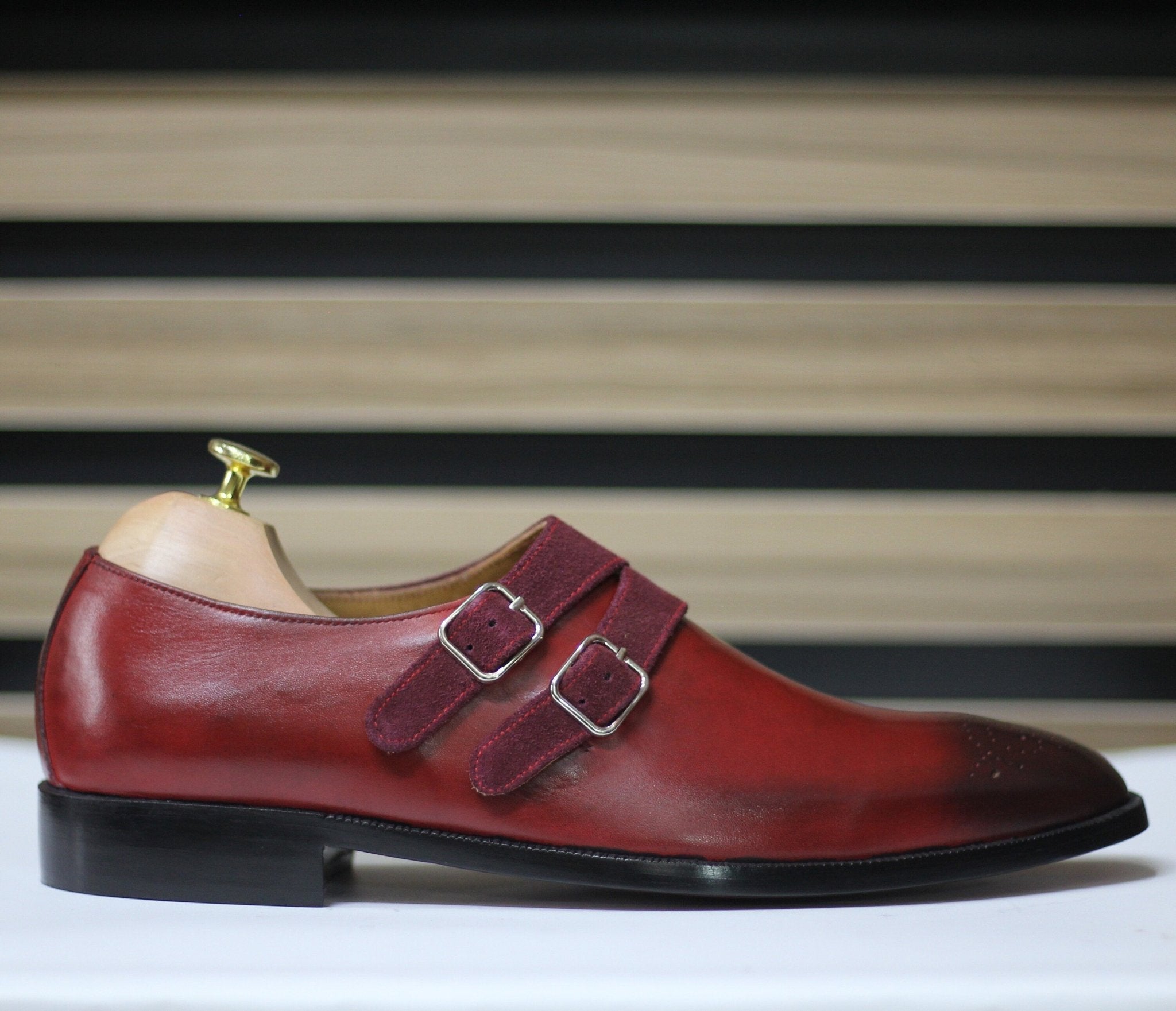Handmade Double Monk Brogue Toe Shoes, Leather Burgundy/Red Shoes For Men's - Posh Footwear