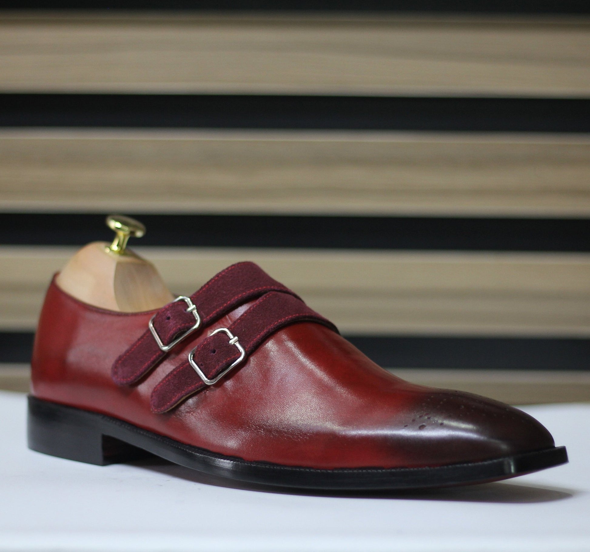 Handmade Double Monk Brogue Toe Shoes, Leather Burgundy/Red Shoes For Men's - Posh Footwear
