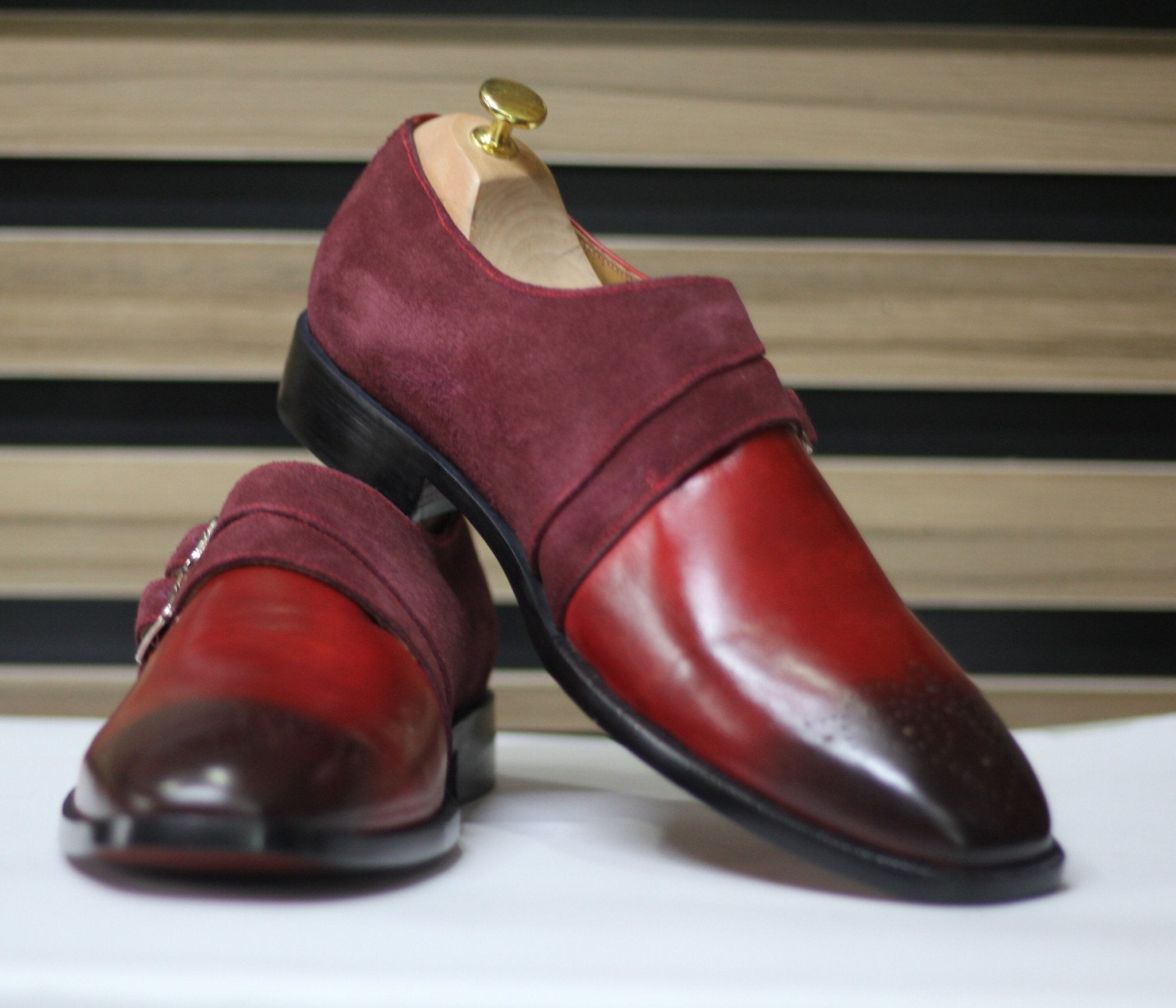 Handmade Double Monk Brogue Toe Shoes, Leather Burgundy/Red Shoes For Men's - Posh Footwear