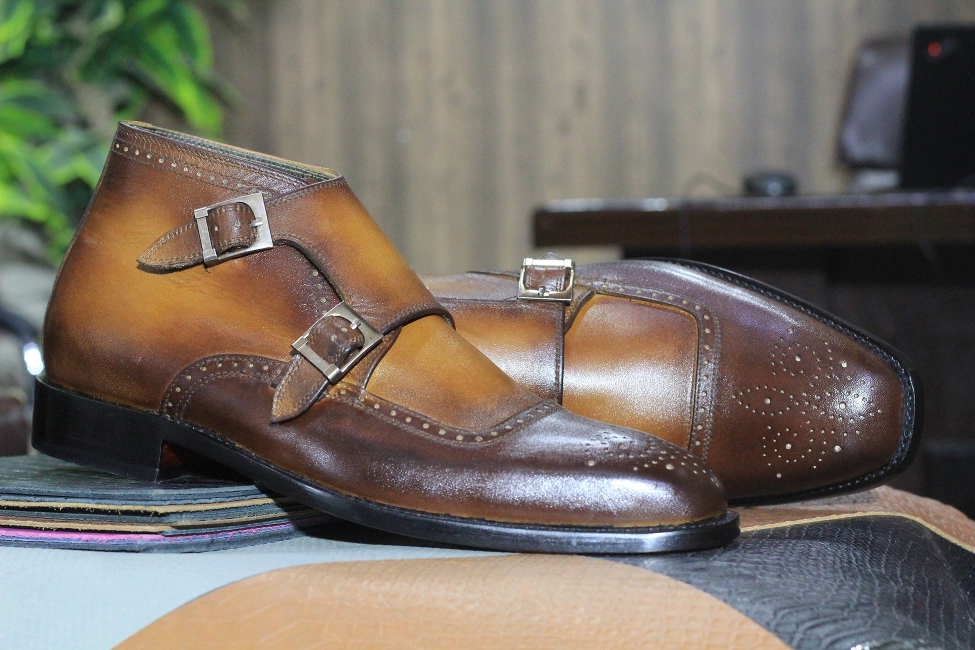 Handmade Men's Double Buckle Boots crafted from premium leather with an elegant design
