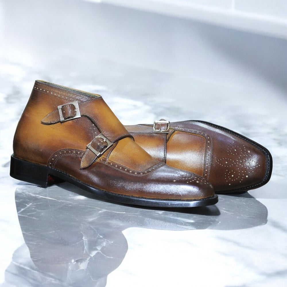 Handmade Men's Double Buckle Boots crafted from premium leather with an elegant design