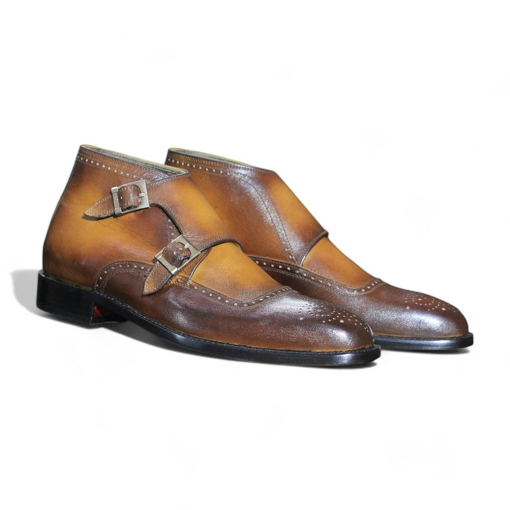 Handmade Men's Double Buckle Boots crafted from premium leather with an elegant design