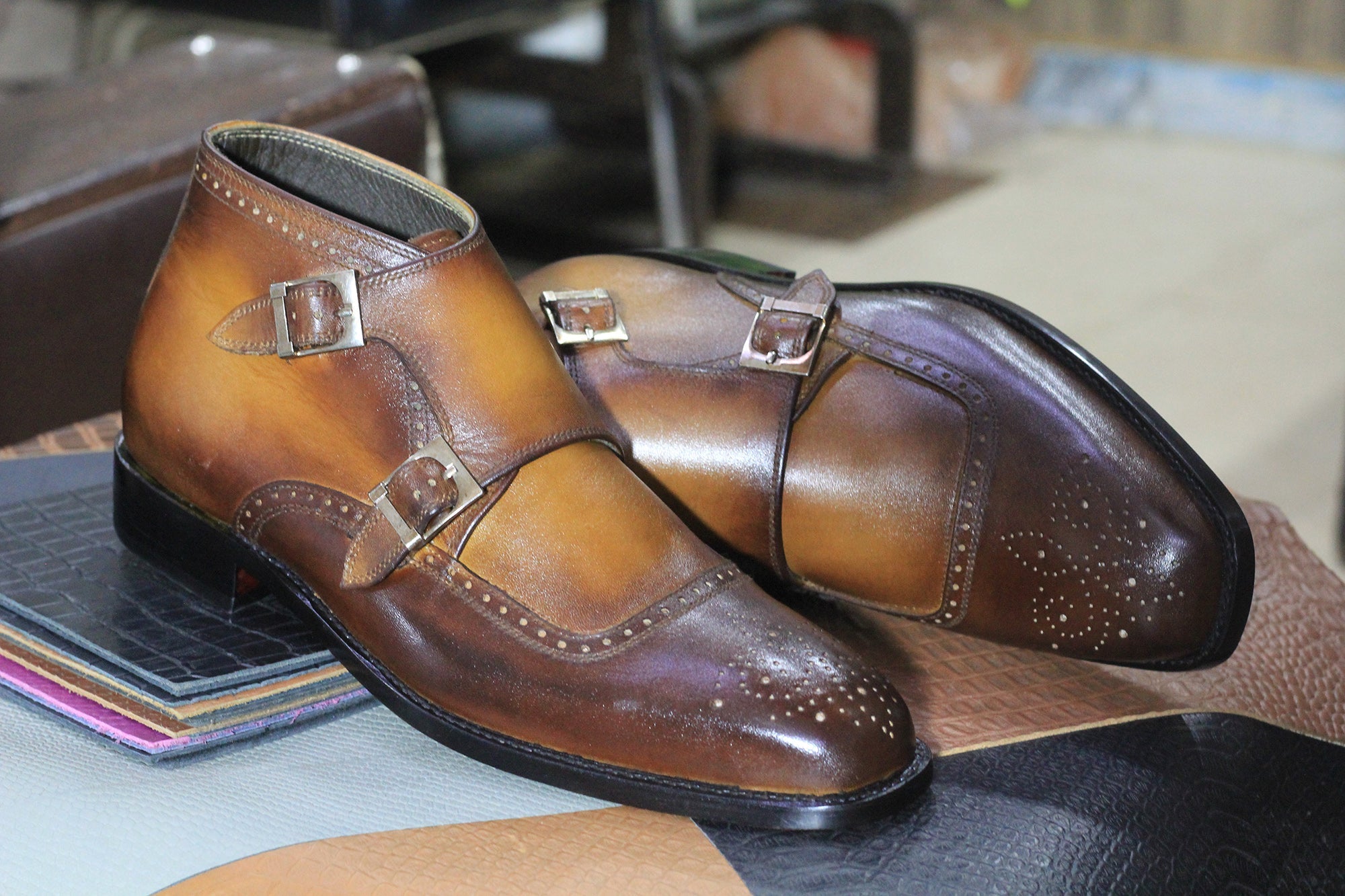 Handmade Double Monk Strap Leather Boots For Men, Brogue Chukka Dress Formal Boots For Men's - Posh Footwears Boots