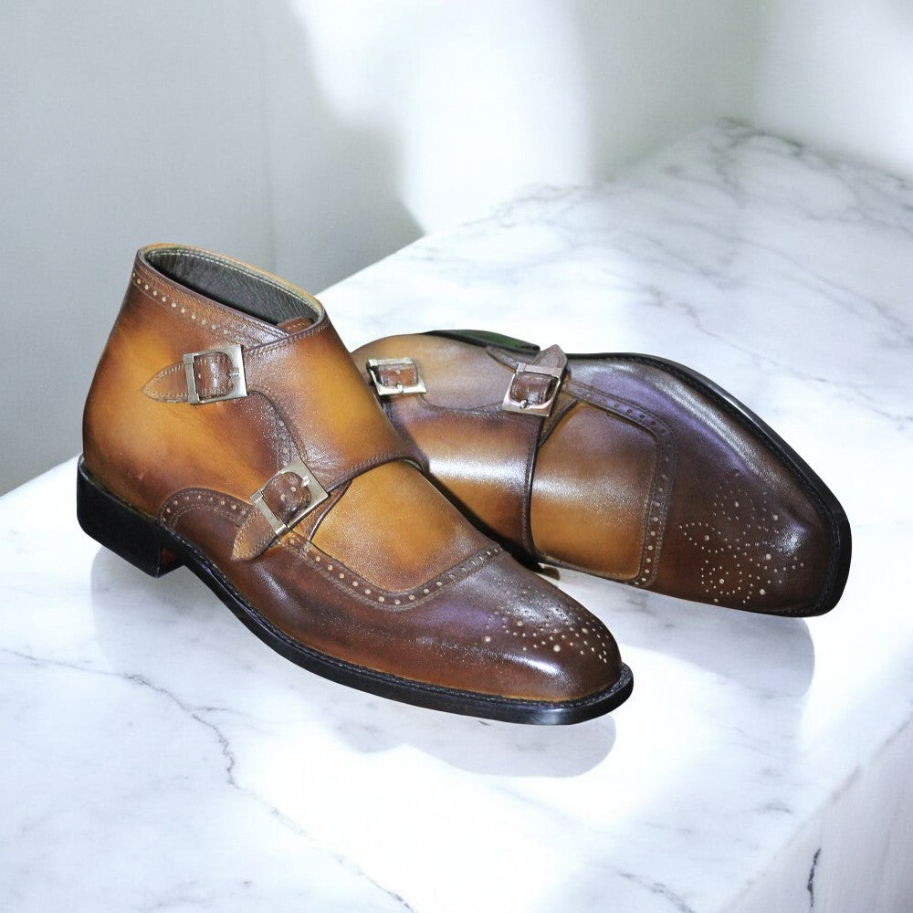 Handmade Men's Double Buckle Boots crafted from premium leather with an elegant design