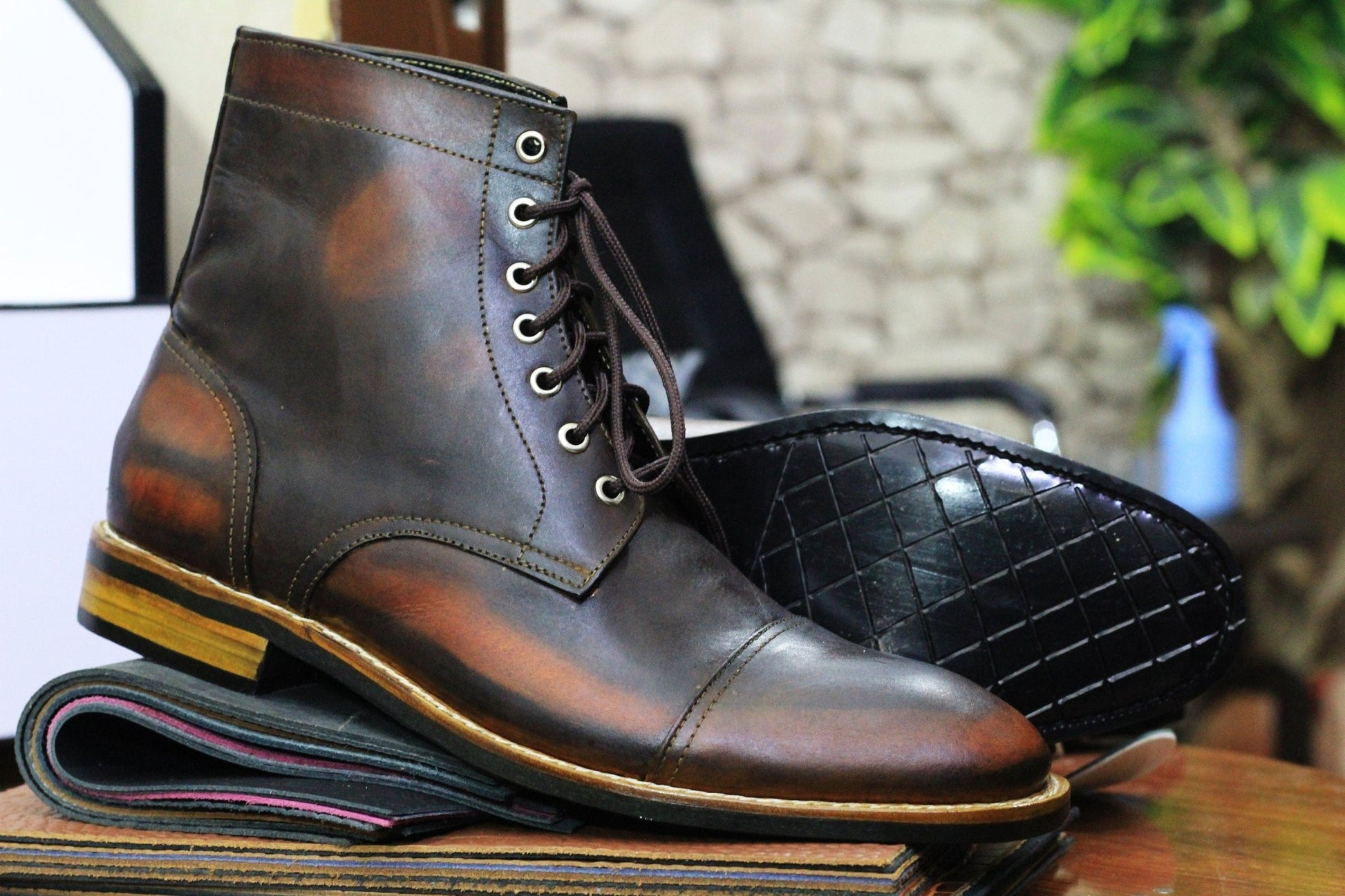 Handmade Genuine Cow - Hide Leather Brown Colour Rub off Boots For Men, Dress Formal Lace Up Boots For Mens - Posh Footwear
