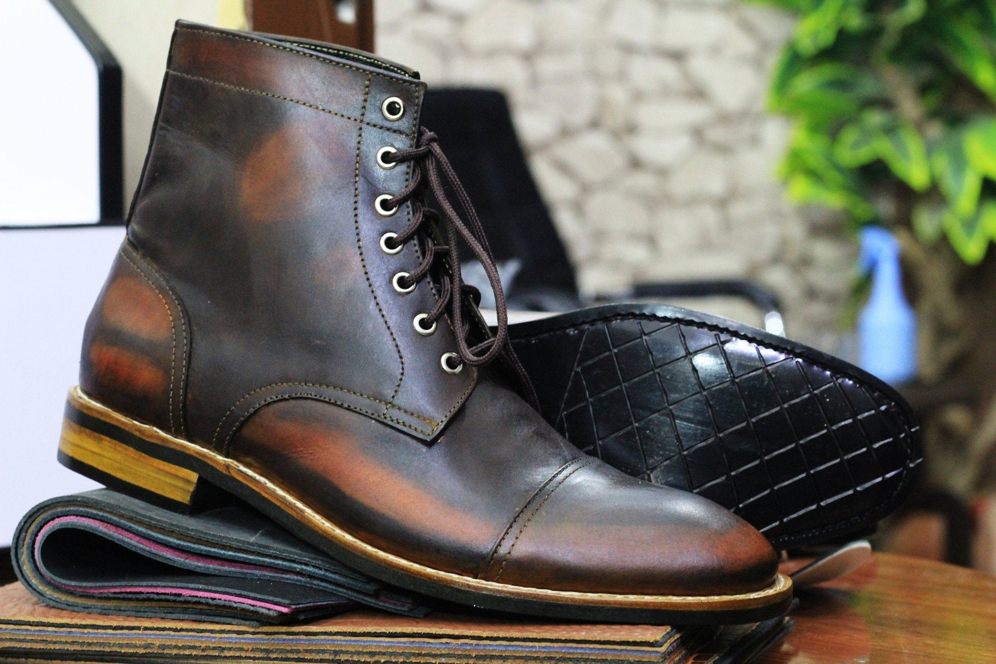 Handmade Genuine Cow - Hide Leather Brown Colour Rub off Boots For Men, Dress Formal Lace Up Boots For Mens - Posh Footwear