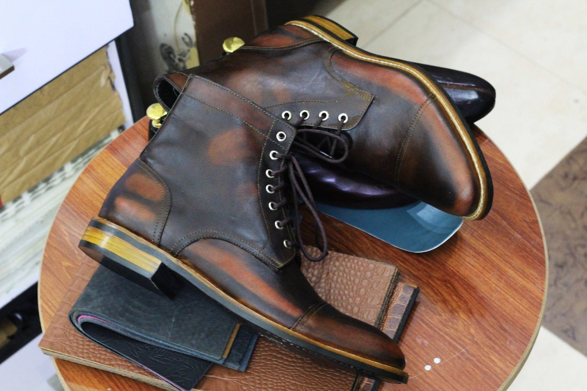 Handmade Genuine Cow - Hide Leather Brown Colour Rub off Boots For Men, Dress Formal Lace Up Boots For Mens - Posh Footwear