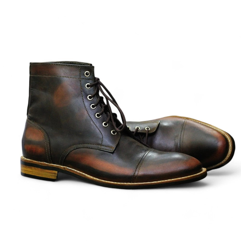 Handmade Genuine Cow - Hide Leather Brown Color Rub off Boots For Men, Dress Formal Lace Up Boots For Mens - Posh Footwear