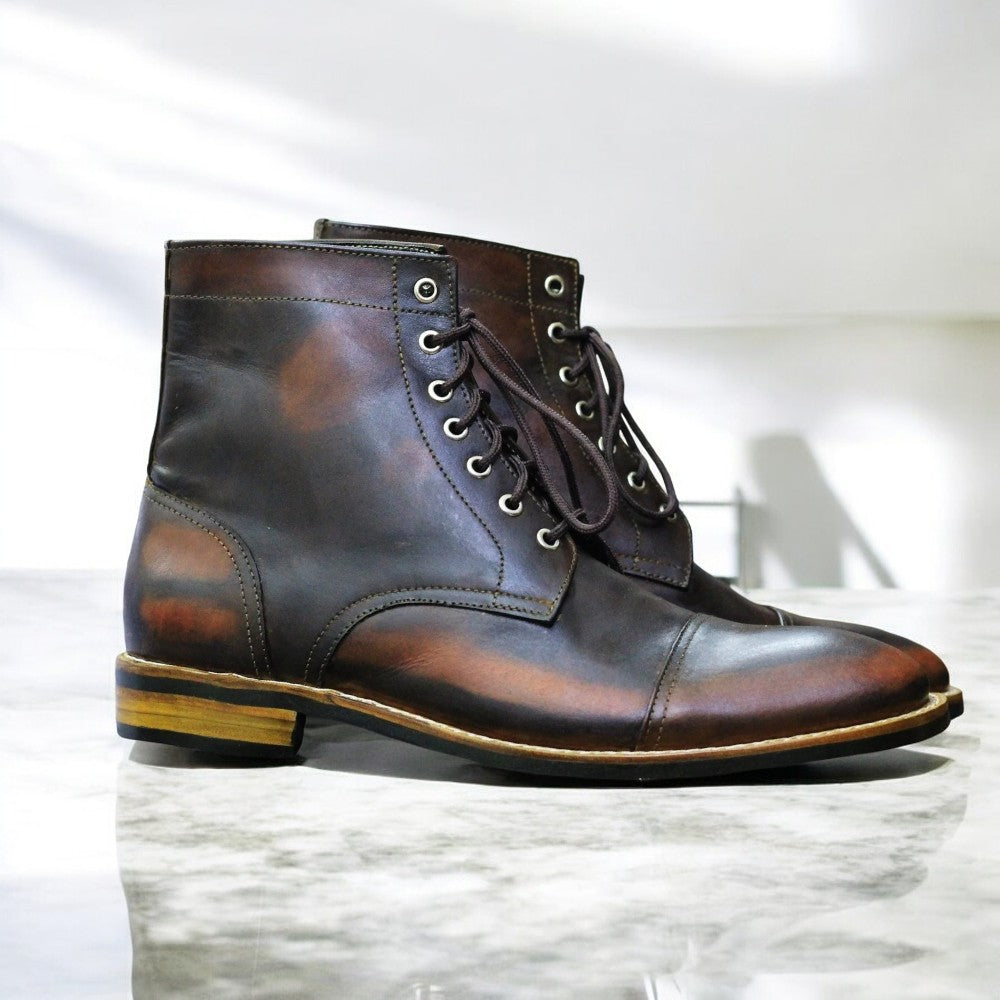 Handmade Genuine Cow - Hide Leather Brown Color Rub off Boots For Men, Dress Formal Lace Up Boots For Mens - Posh Footwear