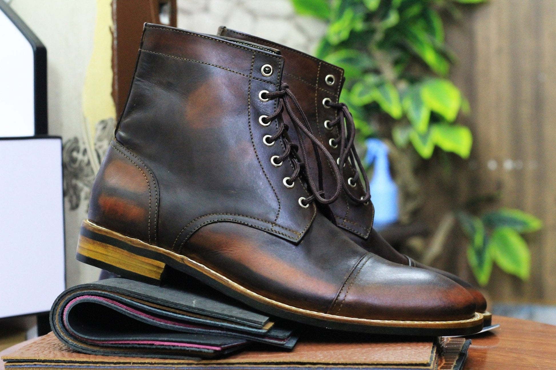 Handmade Genuine Cow - Hide Leather Brown Colour Rub off Boots For Men, Dress Formal Lace Up Boots For Mens - Posh Footwear