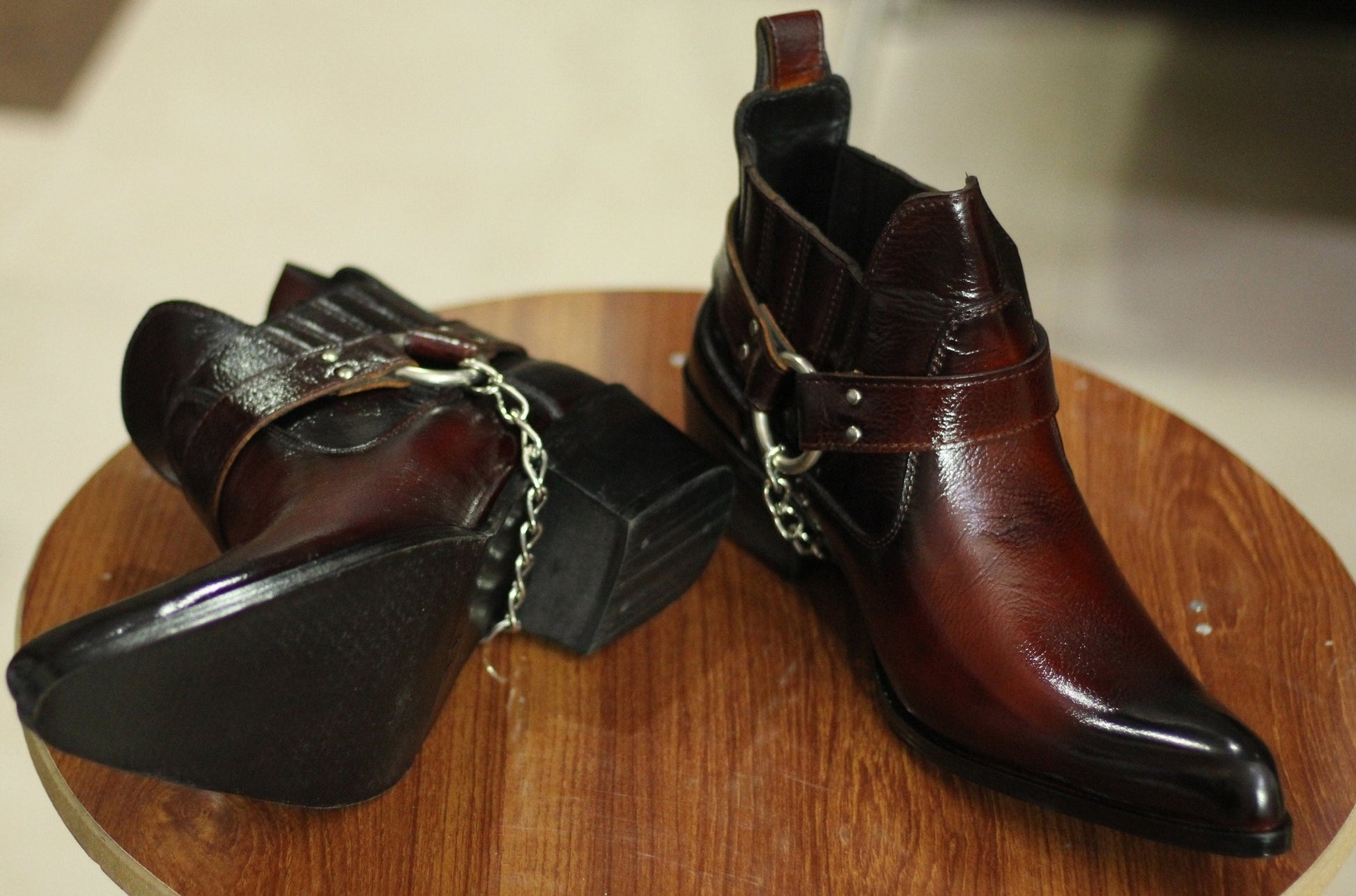 Handmade Genuine Cow - Hide Leather Cowboy Buckle Boots For Men, Ankle High Chain Boots For Mens - Posh Footwear
