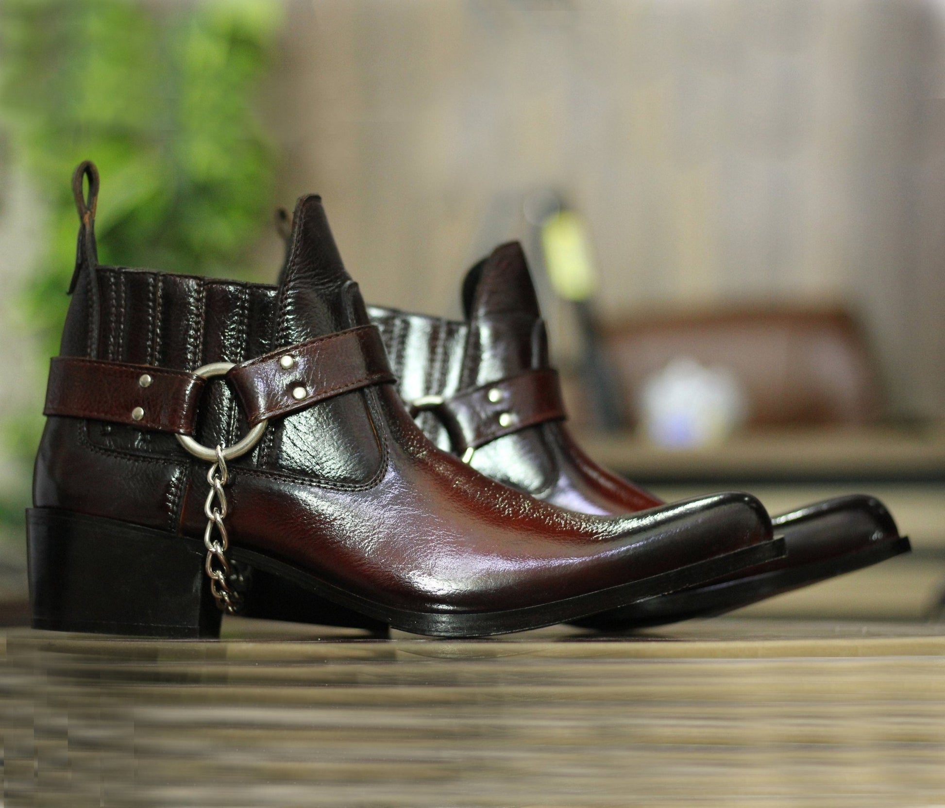 Handmade Genuine Cow - Hide Leather Cowboy Buckle Boots For Men, Ankle High Chain Boots For Mens - Posh Footwear