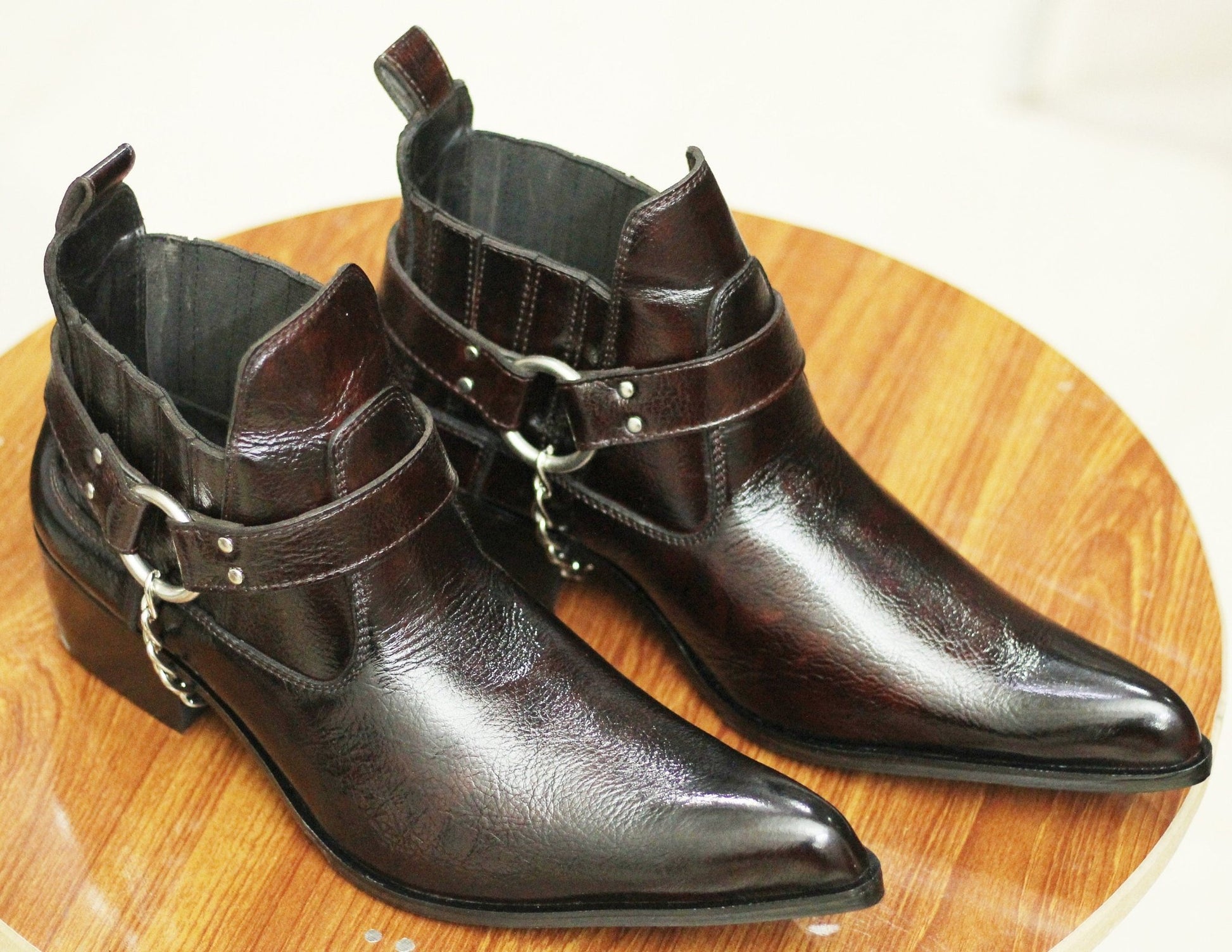 Handmade Genuine Cow - Hide Leather Cowboy Buckle Boots For Men, Ankle High Chain Boots For Mens - Posh Footwear