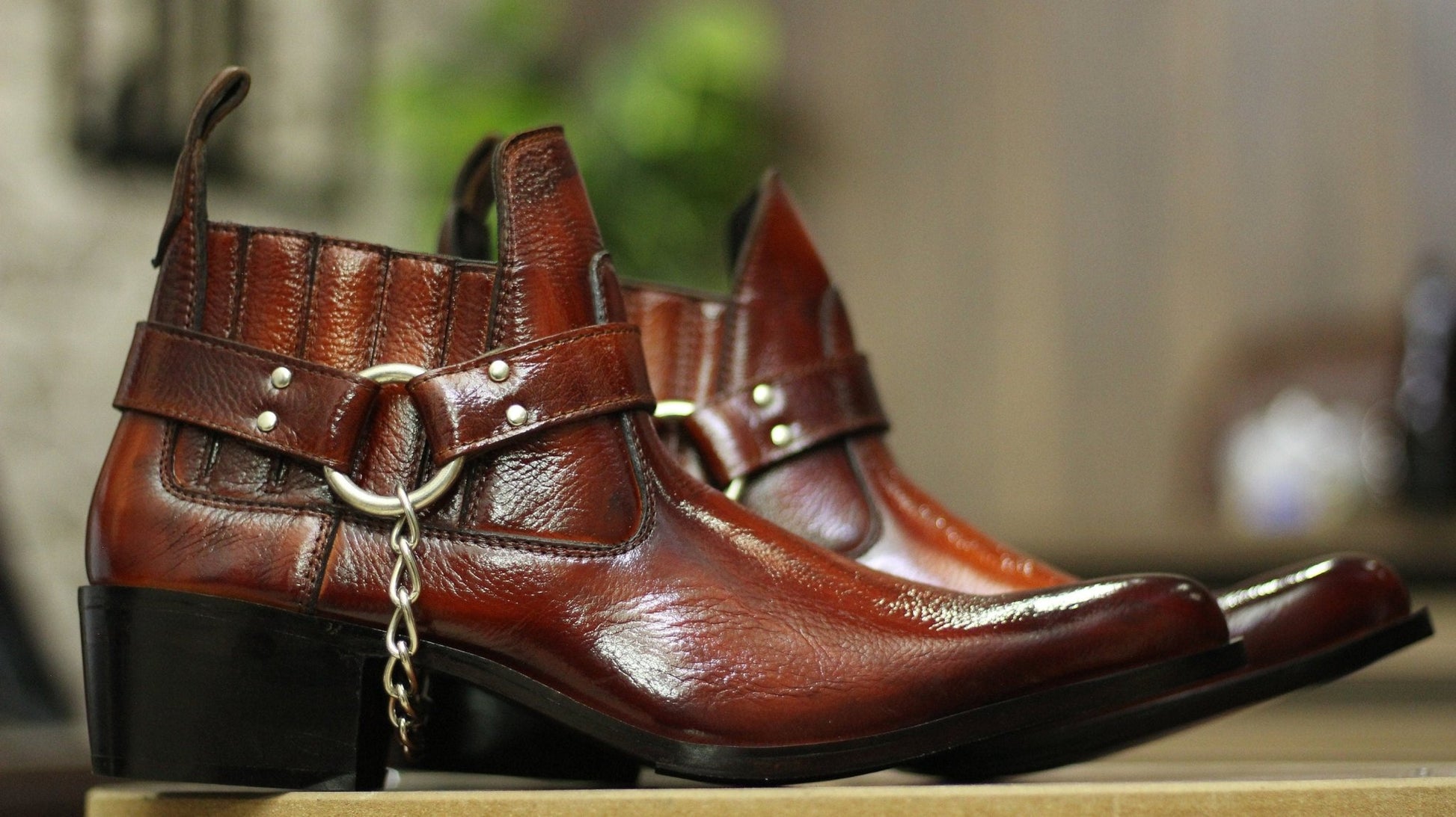 Handmade Genuine Cow - Hide Leather Cowboy Buckle Boots For Men, Ankle High Chain Boots For Mens - Posh Footwear