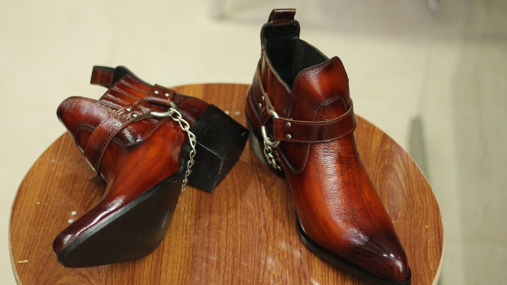 Handmade Genuine Cow - Hide Leather Cowboy Buckle Boots For Men, Ankle High Chain Boots For Mens - Posh Footwear