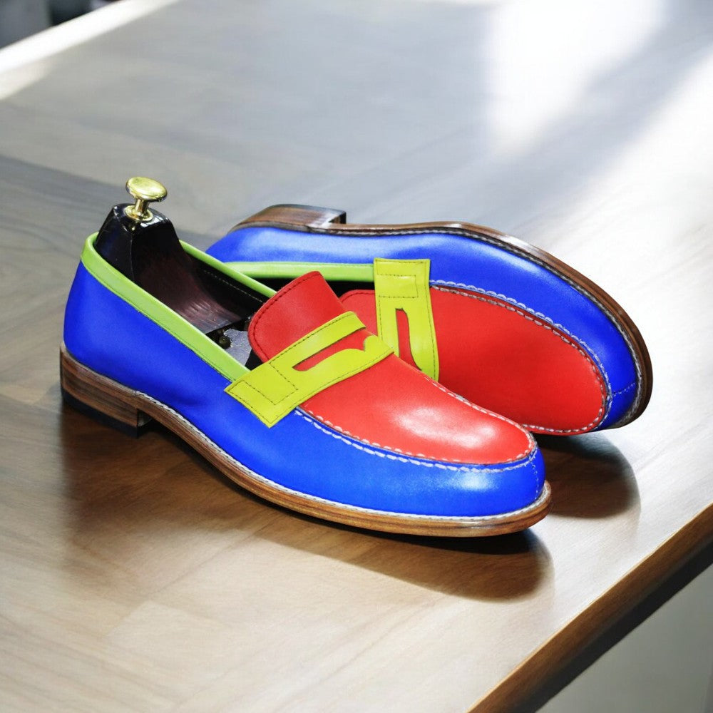 Handmade Genuine Cow - Hide Leather Penny Loafers For Men, Multi Color Dress Formal Slip On Shoes For Mens - Posh Footwear