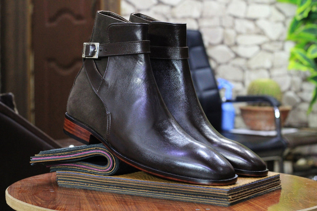 Handmade Genuine Cow-Hide Leather & Suede Long Jodhpur Boots For Men, Ankle High Buckle Brown Exotic Boots For Men's