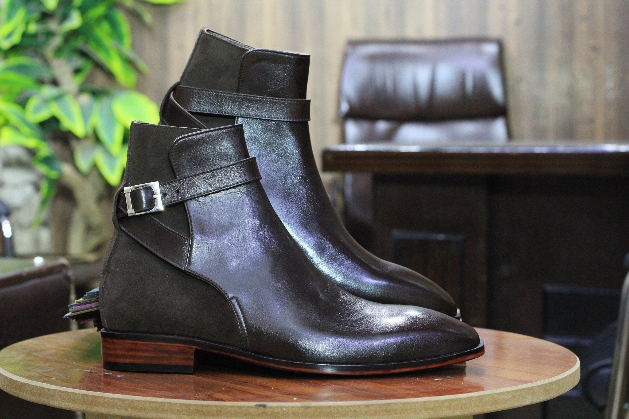 Handmade Genuine Cow - Hide Leather & Suede Long Jodhpur Boots For Men,Ankle High Buckle Brown Exotic Boots For Mens - Posh Footwear