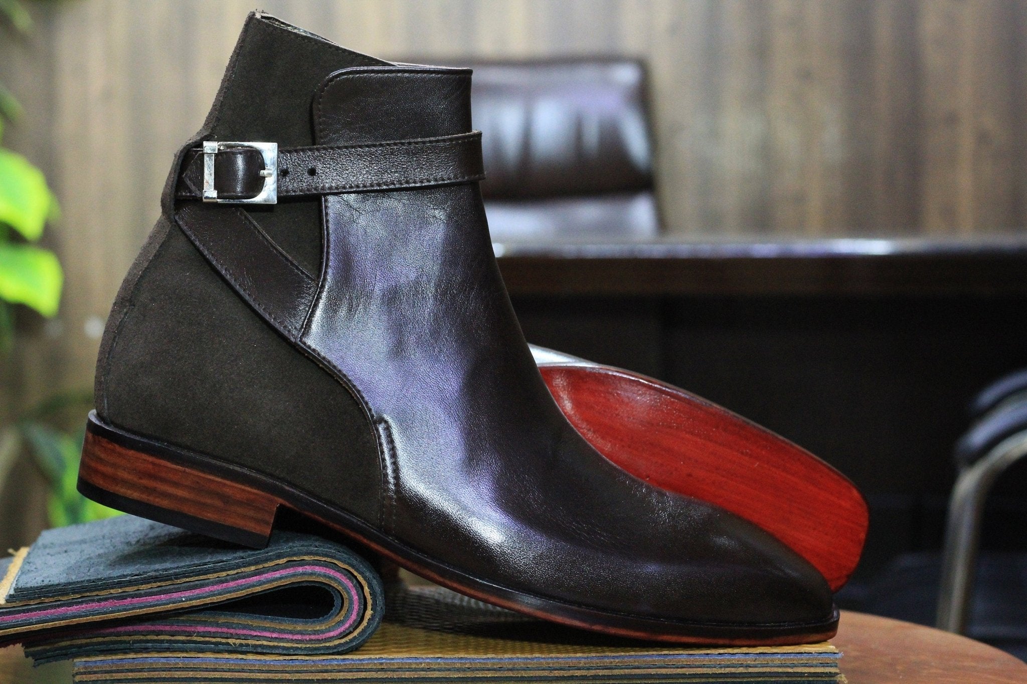 Handmade Genuine Cow - Hide Leather & Suede Long Jodhpur Boots For Men,Ankle High Buckle Brown Exotic Boots For Mens - Posh Footwear