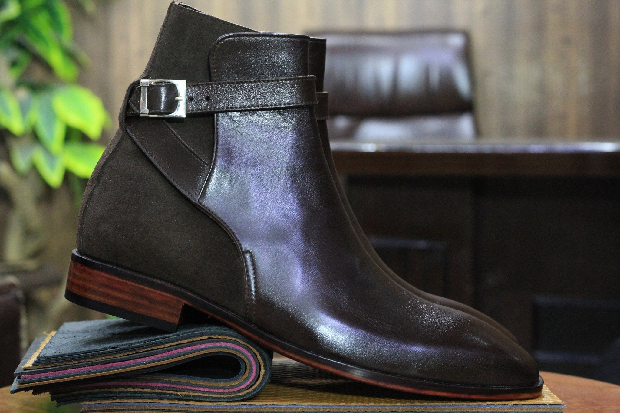 Handmade Genuine Cow - Hide Leather & Suede Long Jodhpur Boots For Men,Ankle High Buckle Brown Exotic Boots For Mens - Posh Footwear