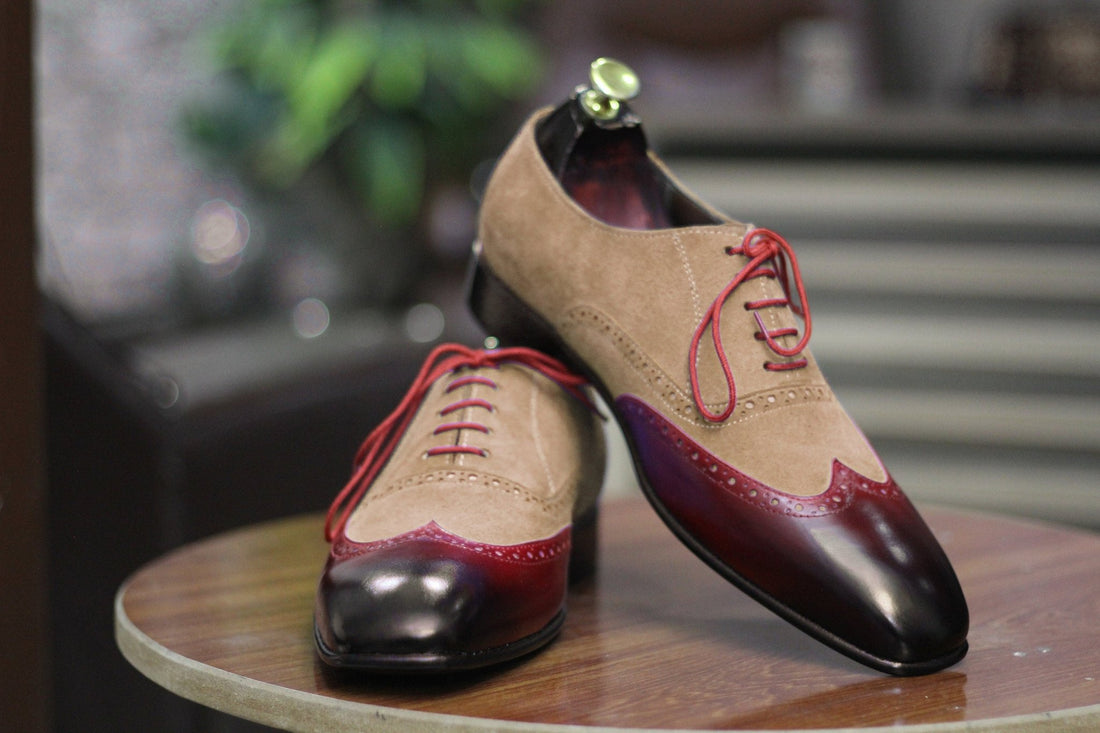 Handmade Genuine Cow-Hide Leather & Suede Wing Tip Oxford Shoes For Men, Dress Formal Lace Shoes For Men's