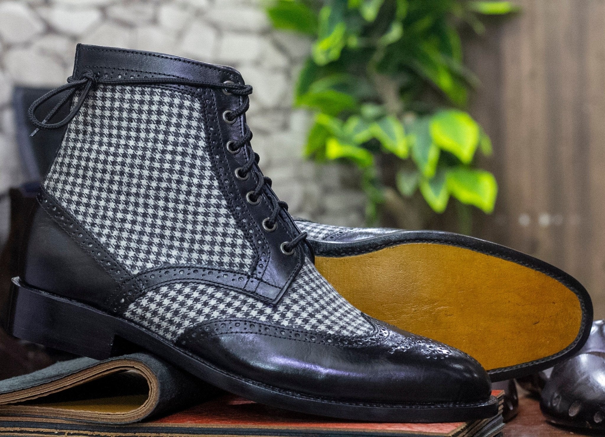 Handmade Genuine Cow - Hide Leather & Tweed Wing Tip Brogue Lace Up Boots For Men, Dress Formal Ankle High Boots For Mens - Posh Footwear