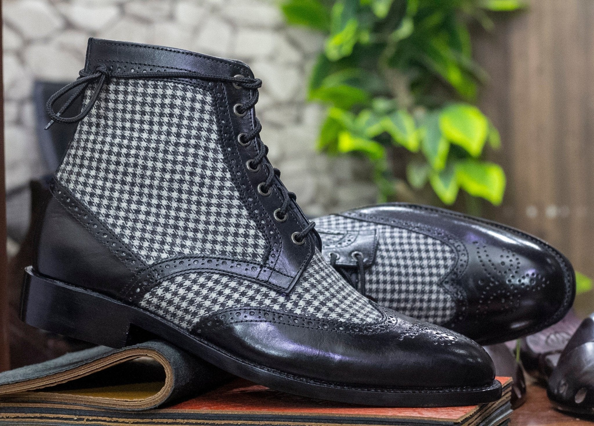 Handmade Genuine Cow - Hide Leather & Tweed Wing Tip Brogue Lace Up Boots For Men, Dress Formal Ankle High Boots For Mens - Posh Footwear