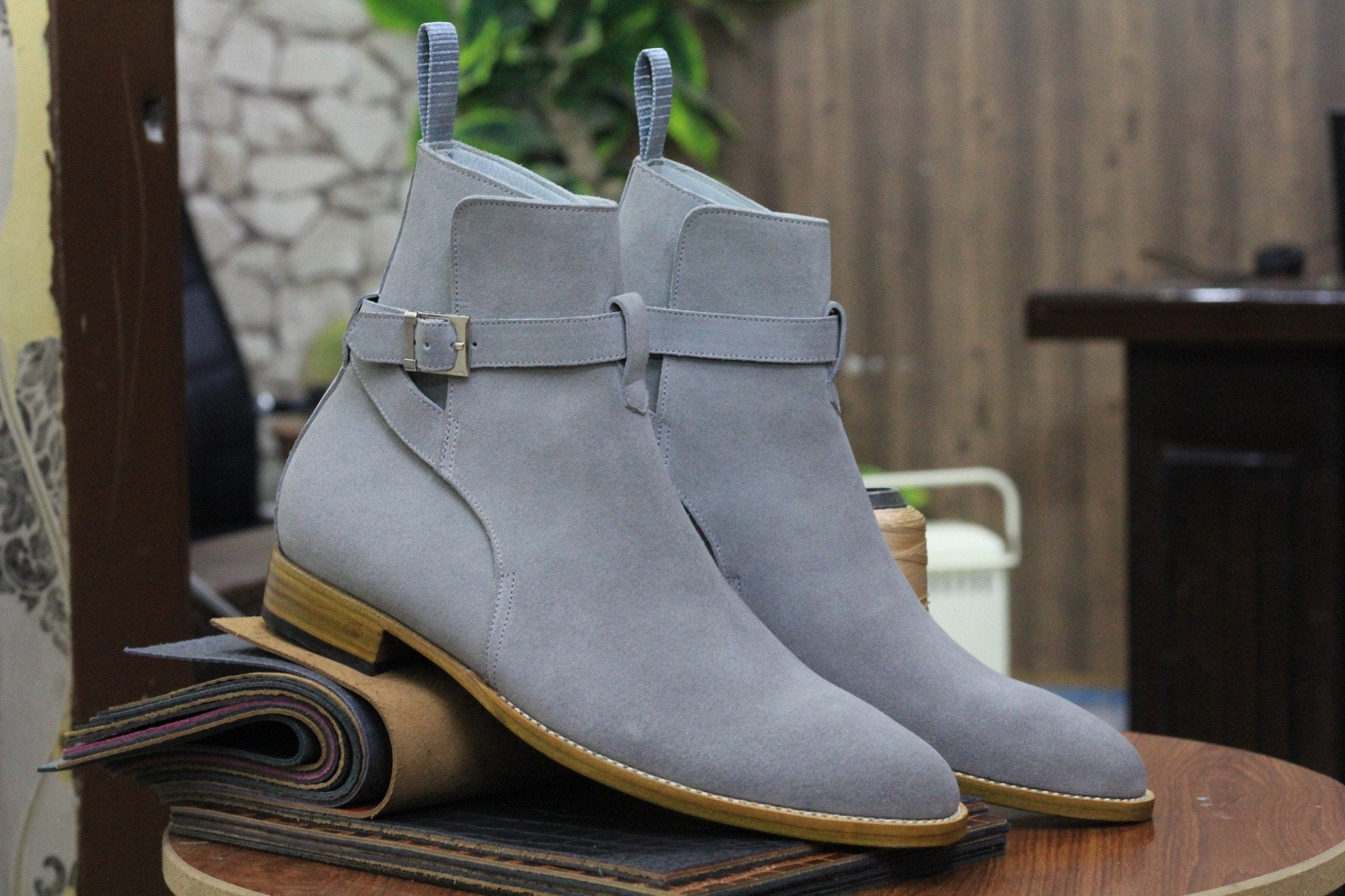 Handmade Genuine Cow - Hide Suede Leather Jodhpur Long Boots For Men,Ankle High Buckle Exotic Boots For Mens - Posh Footwear