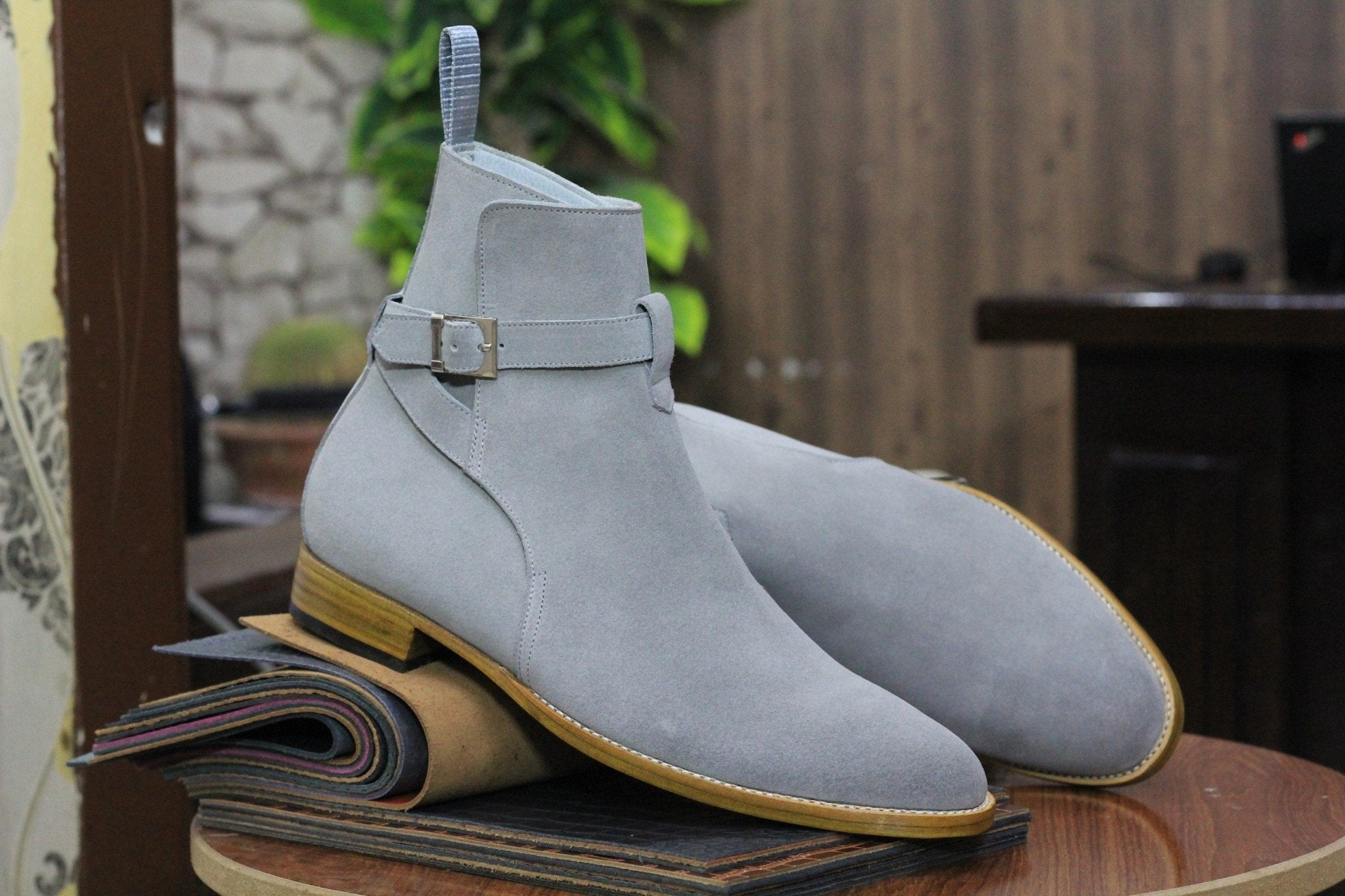Handmade Genuine Cow - Hide Suede Leather Jodhpur Long Boots For Men,Ankle High Buckle Exotic Boots For Mens - Posh Footwear