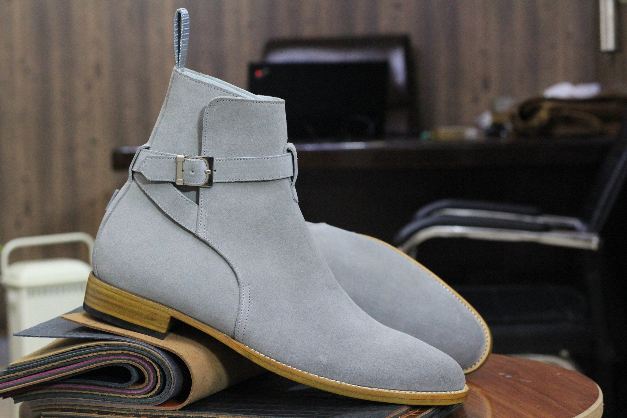Handmade Genuine Cow - Hide Suede Leather Jodhpur Long Boots For Men,Ankle High Buckle Exotic Boots For Mens - Posh Footwear