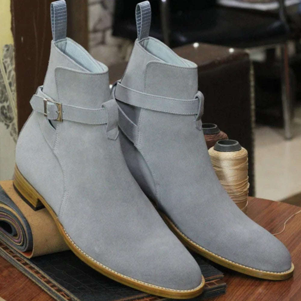 Handmade Genuine Cow - Hide Suede Leather Jodhpur Long Boots For Men, Ankle High Buckle Exotic Boots For Mens - Posh Footwear