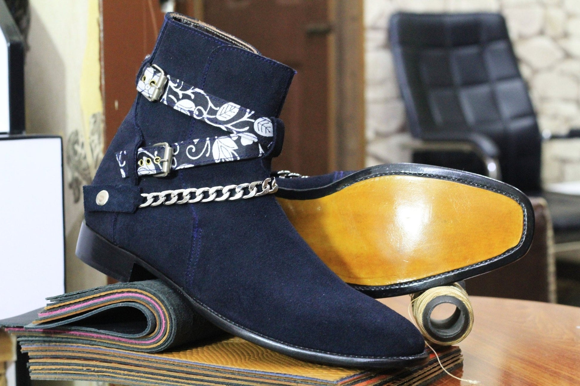 Handmade Genuine Suede Leather Chain Strap Ankle High Boots For Men, Dress Formal Buckle Boots For Mens - Posh Footwear