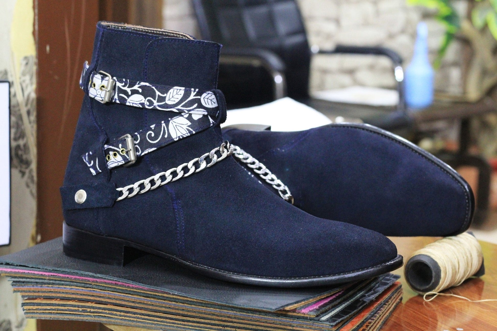 Handmade Genuine Suede Leather Chain Strap Ankle High Boots For Men, Dress Formal Buckle Boots For Mens - Posh Footwear