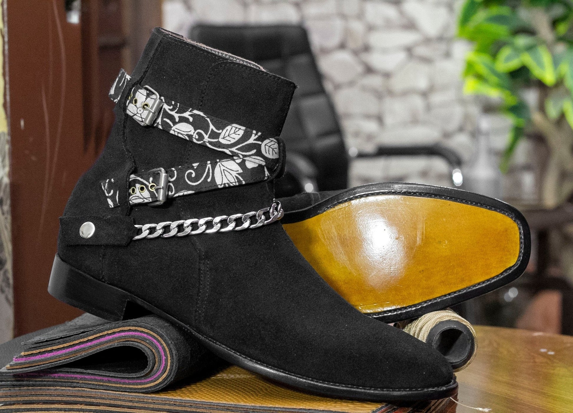 Handmade Genuine Suede Leather Chain Strap Ankle High Boots For Men, Dress Formal Buckle Boots For Mens - Posh Footwear