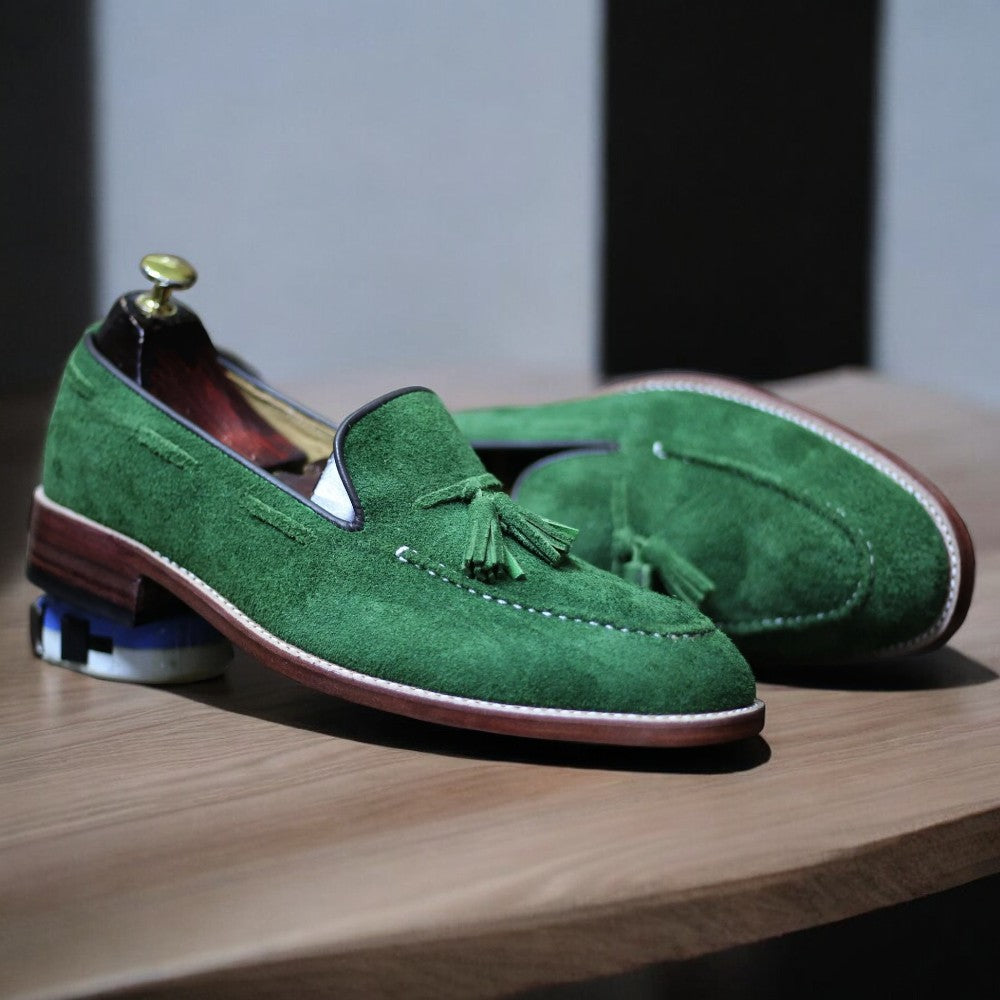 Handmade Goodyear Welted Green Suede Leather Tassel Loafers for Men