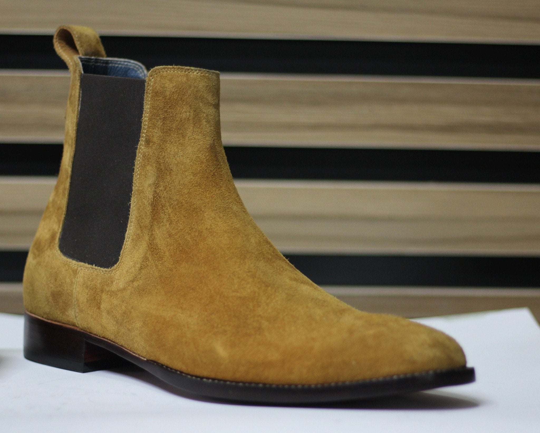 Handmade Goodyear Welted Suede Chelsea Slip On Boots, Camel and Brown Shoes For Men's - Posh Footwear