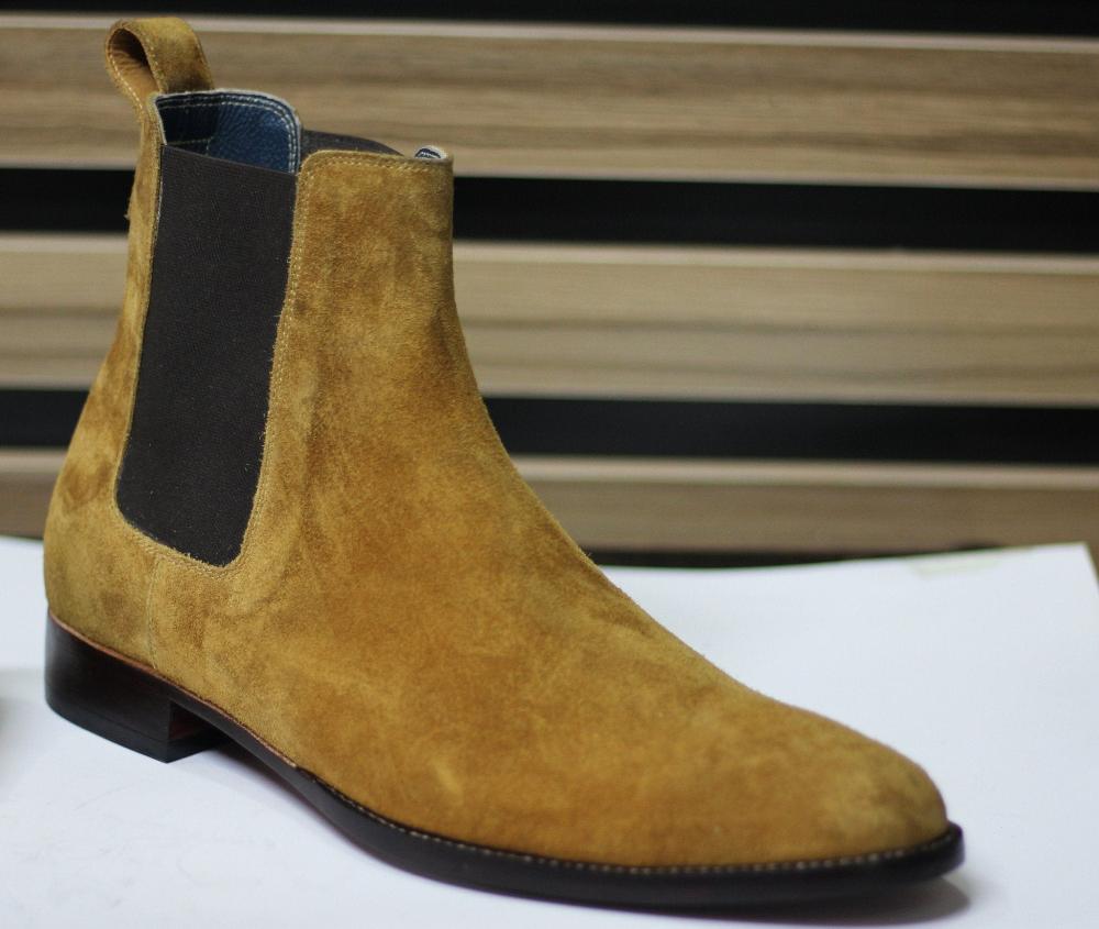 Handmade Goodyear Welted Suede Chelsea Slip On Boots, Camel and Brown Shoes For Men's - Posh Footwear