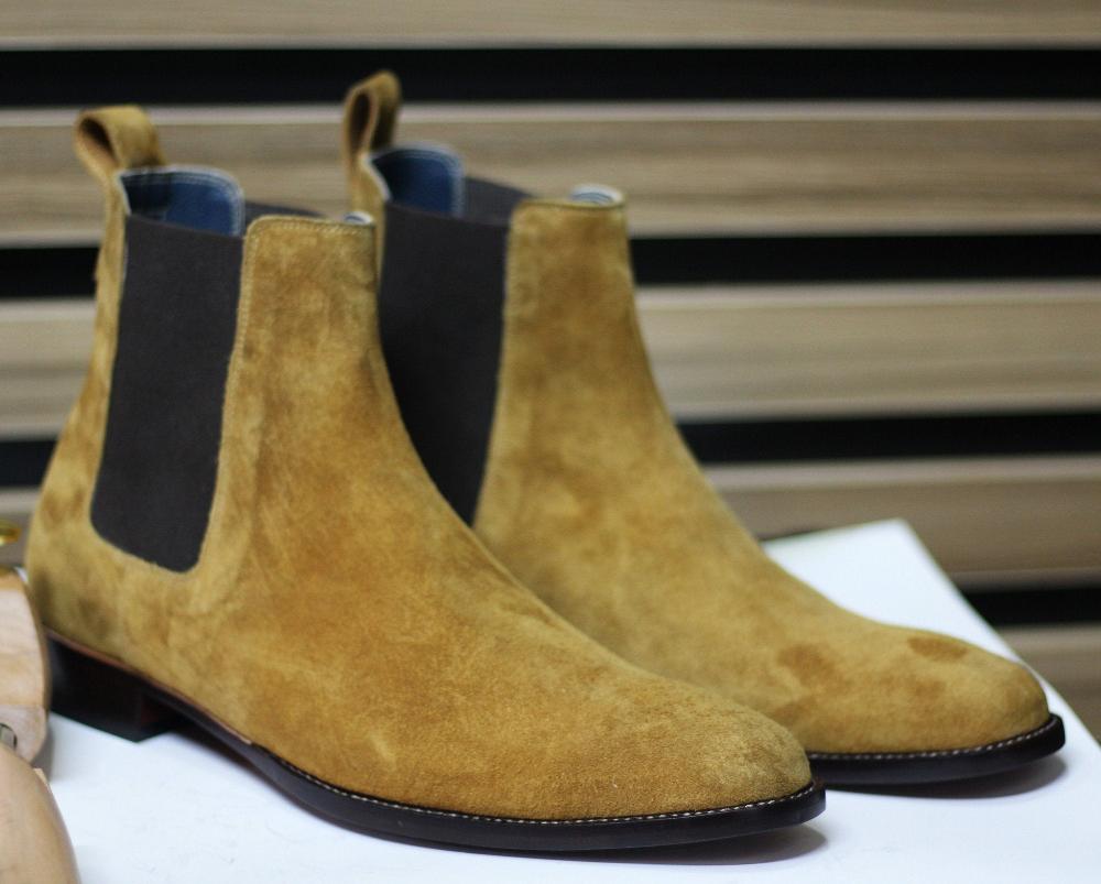 Handmade Goodyear Welted Suede Chelsea Slip On Boots, Camel and Brown Shoes For Men's - Posh Footwear